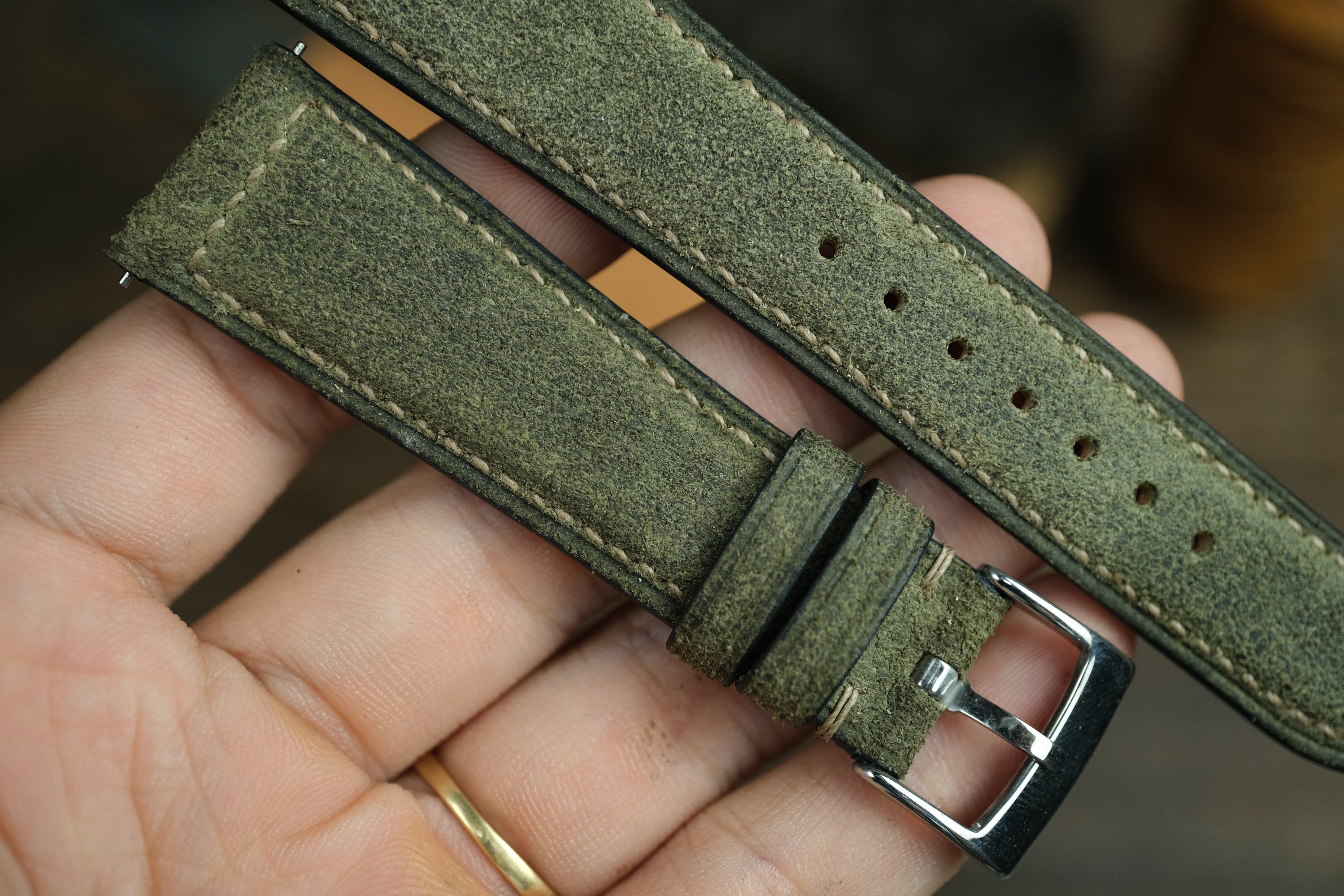 LEATHER WATCH STRAP, OLIVE GREEN DISTRESSED LEATHER WATCH BAND.