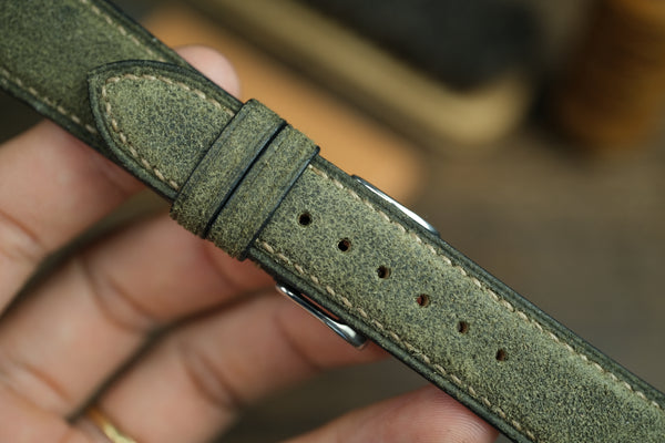 LEATHER WATCH STRAP, OLIVE GREEN DISTRESSED LEATHER WATCH BAND.