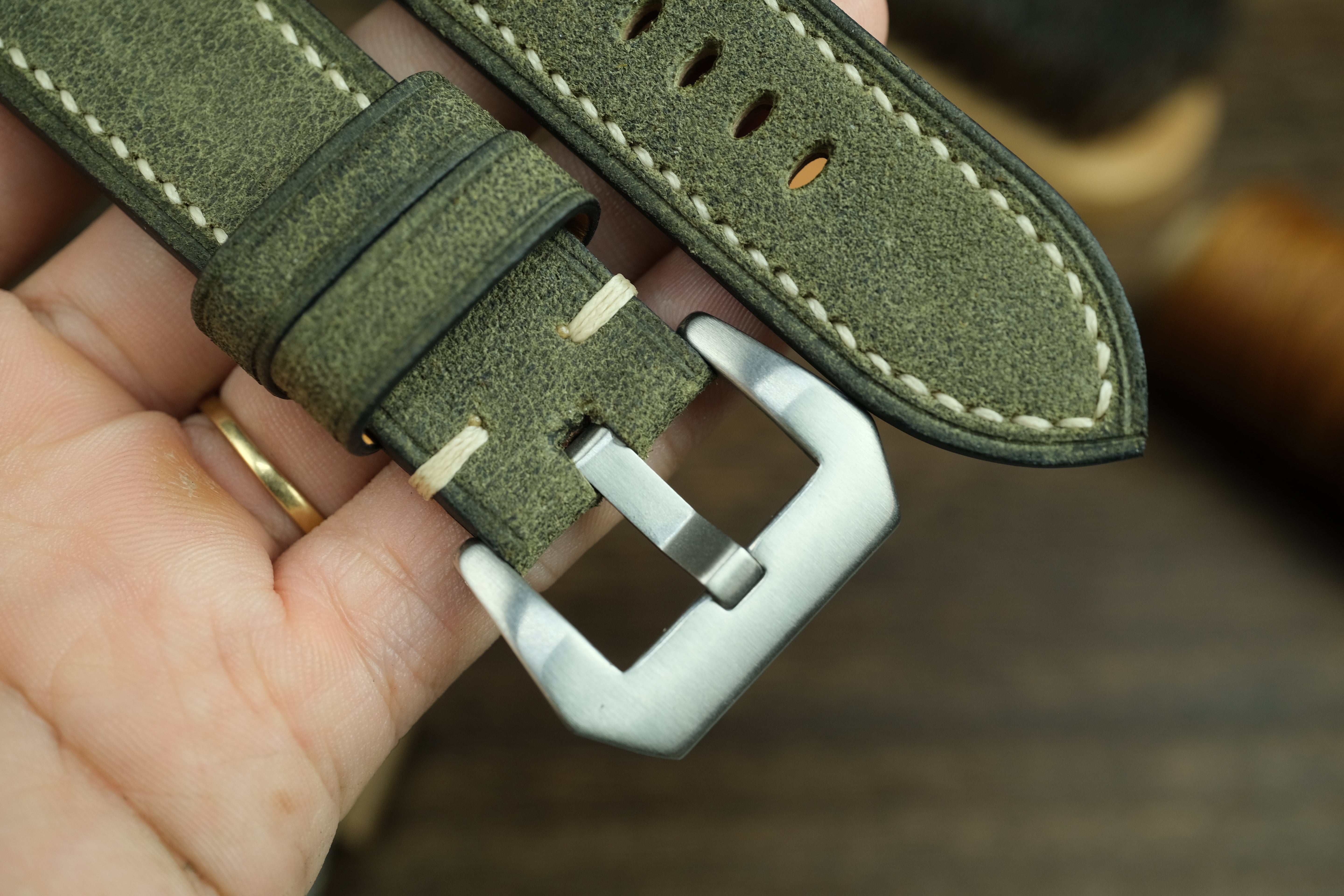 Panerai Watch Strap, Olive Green Distressed Leather Watch Band