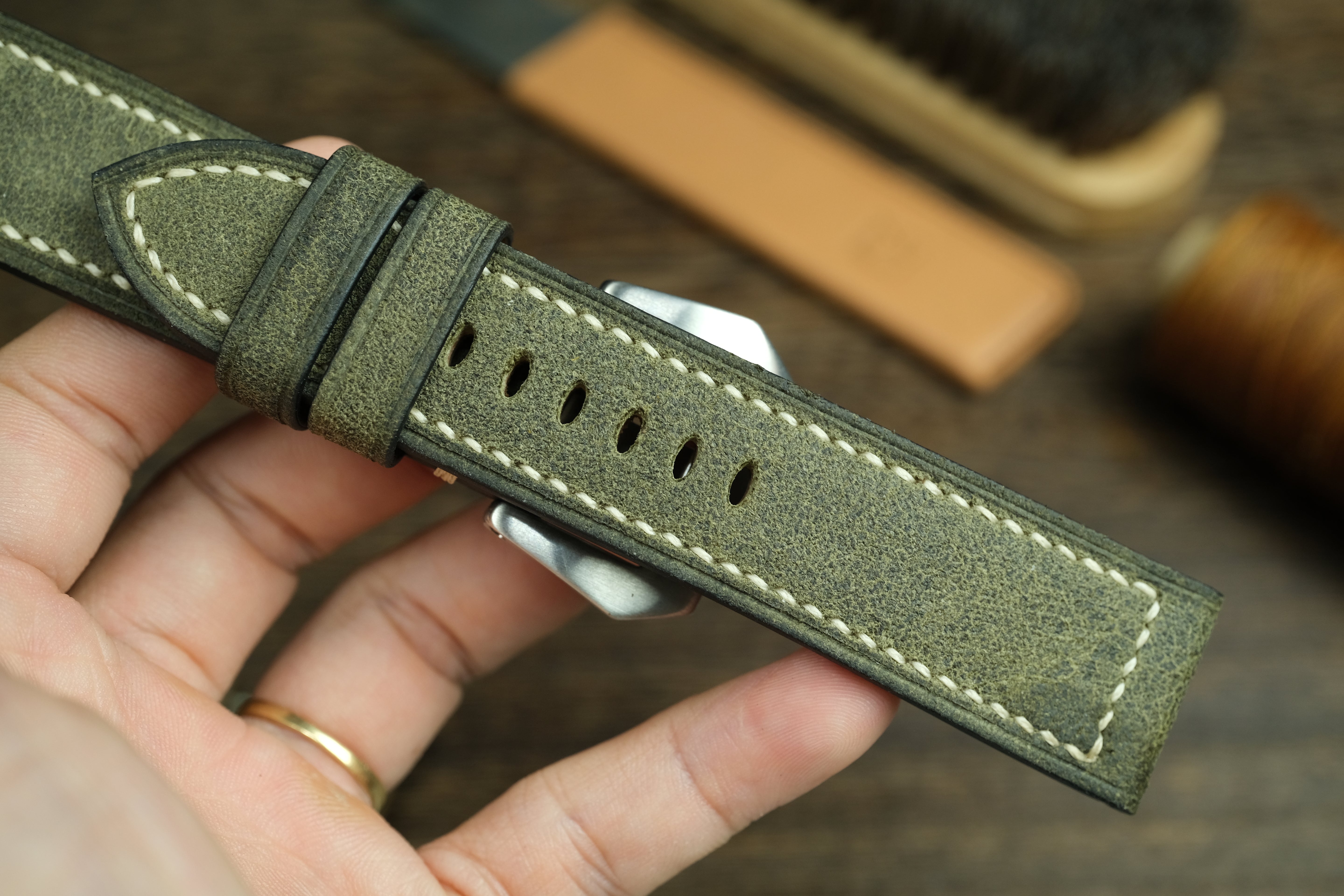 Panerai Watch Strap, Olive Green Distressed Leather Watch Band