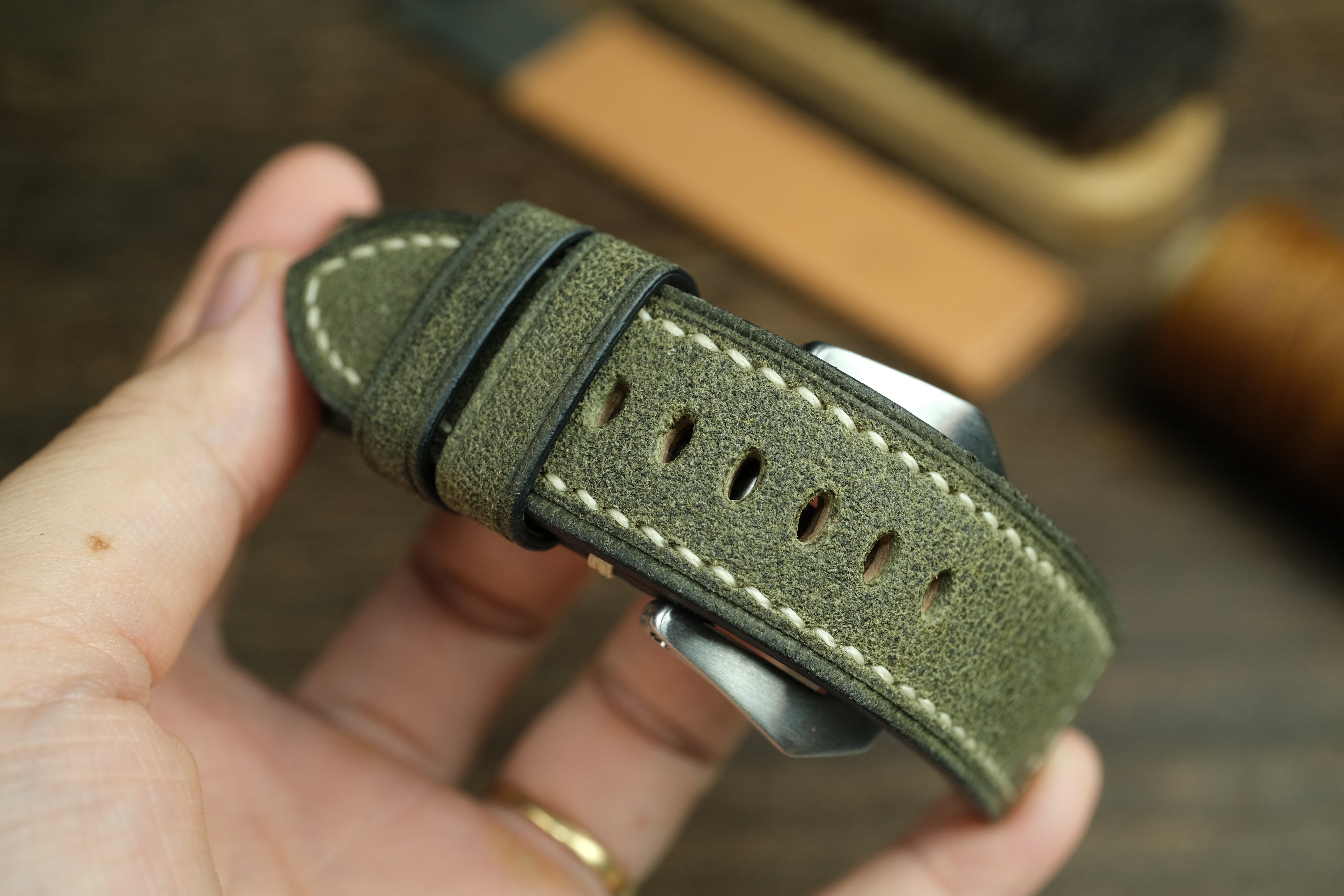 Panerai Watch Strap, Olive Green Distressed Leather Watch Band