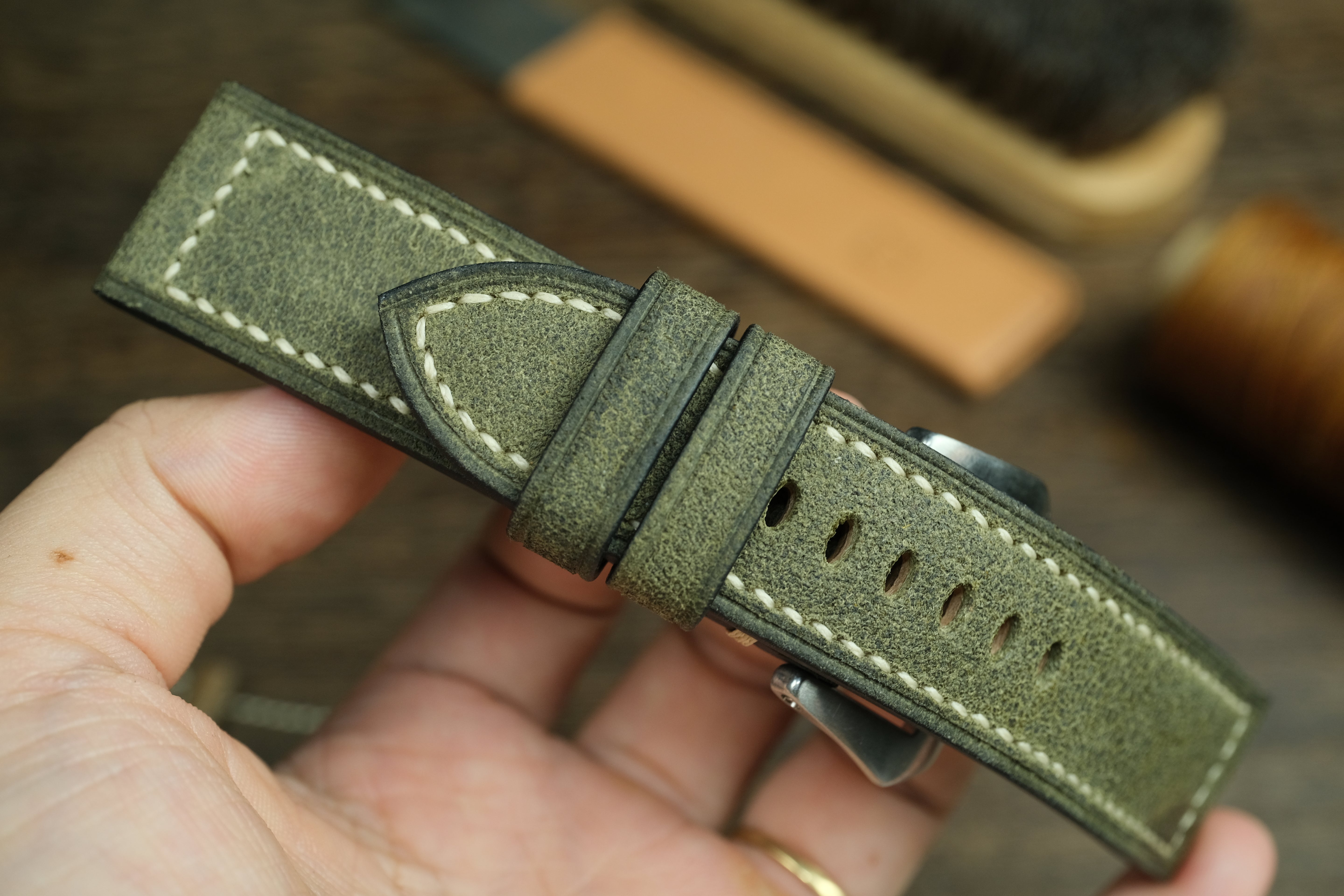 Panerai Watch Strap, Olive Green Distressed Leather Watch Band
