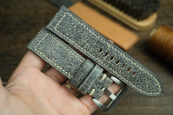 PANERAI WATCH STRAP, BLACK/GREY DISTRESSED LEATHER WATCH BAND.