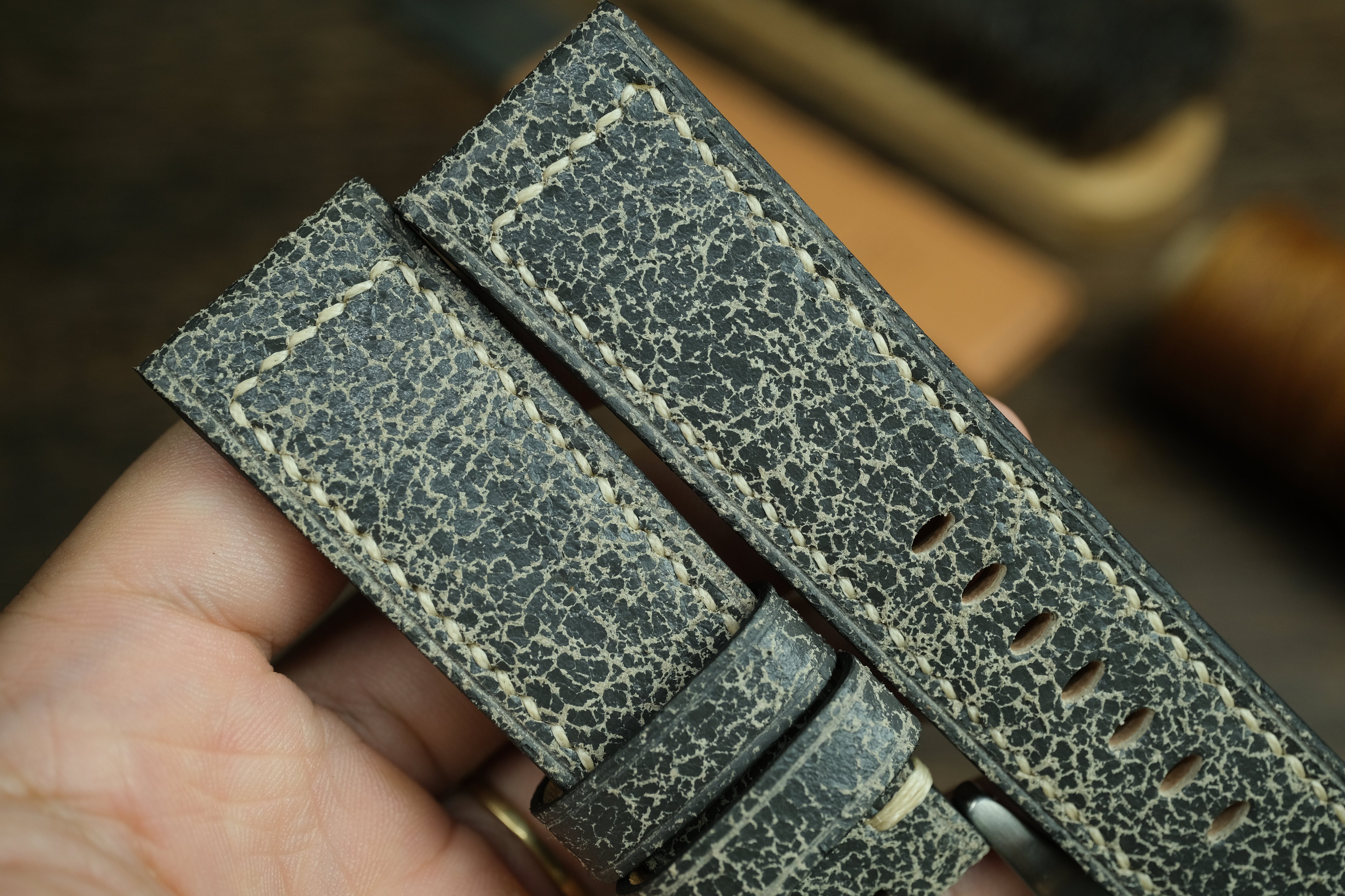 Panerai Watch Strap, Black/Grey Distressed Leather Watch Band