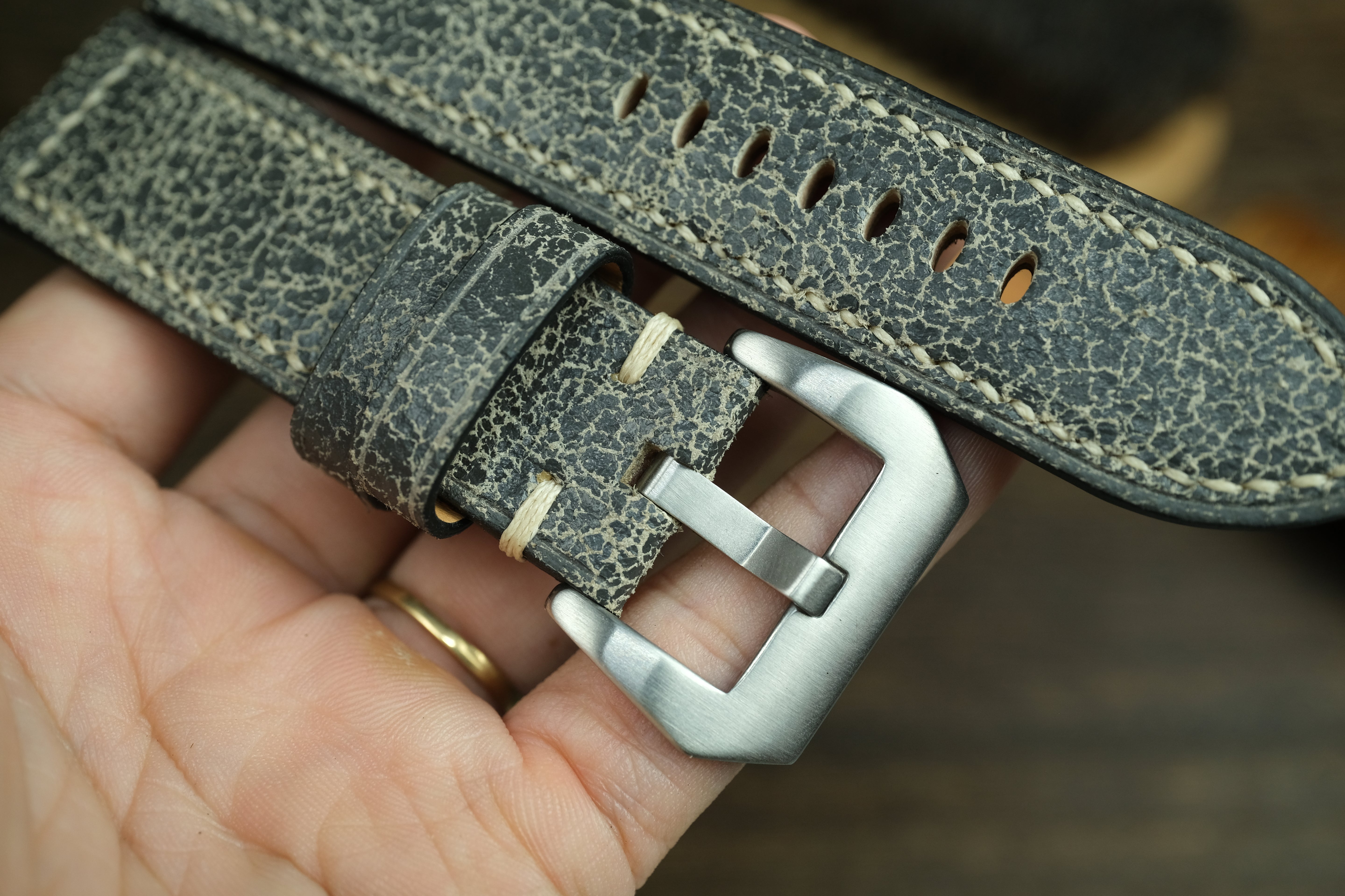 Panerai Watch Strap, Black/Grey Distressed Leather Watch Band
