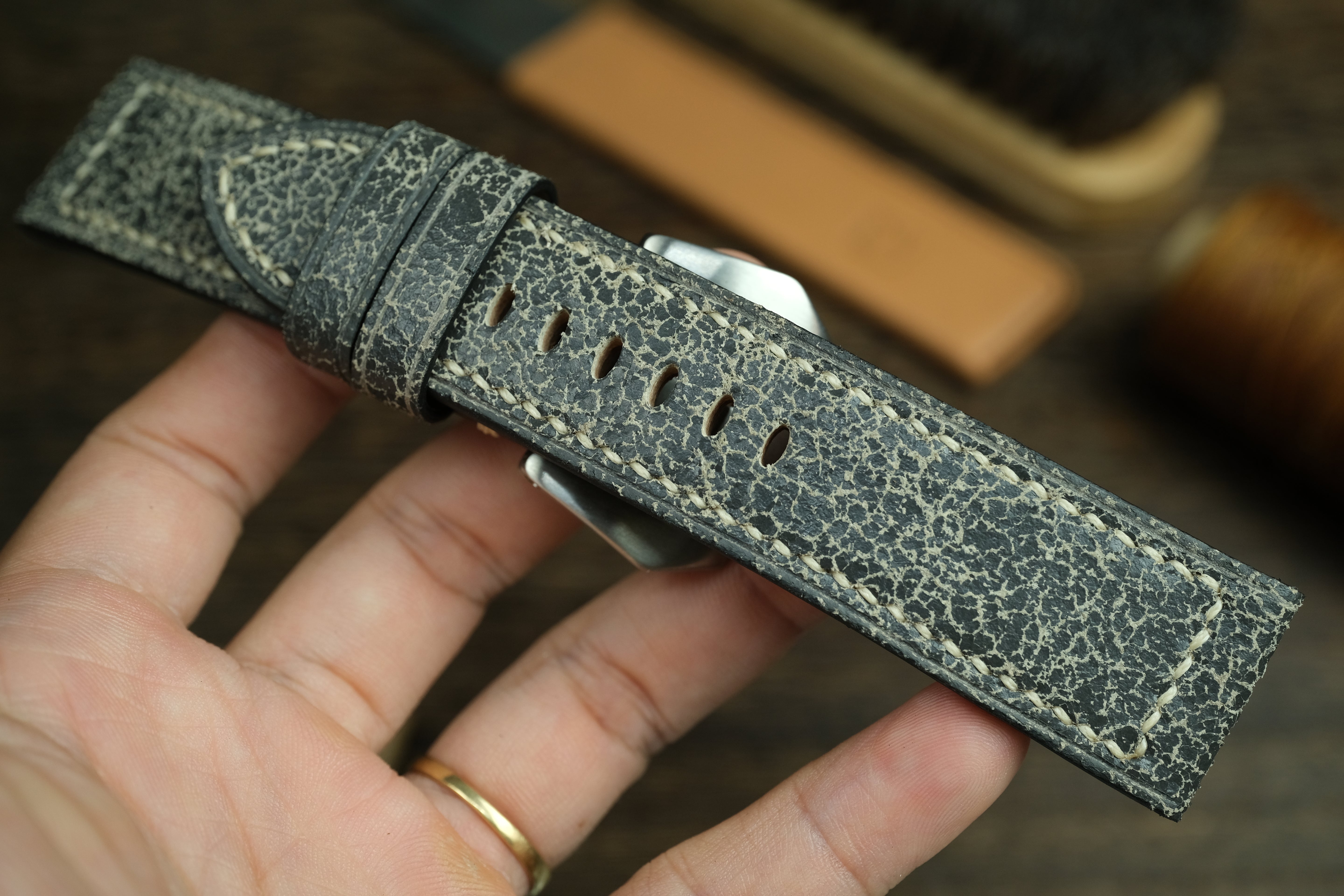 Panerai Watch Strap, Black/Grey Distressed Leather Watch Band