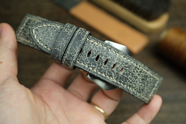 PANERAI WATCH STRAP, BLACK/GREY DISTRESSED LEATHER WATCH BAND.