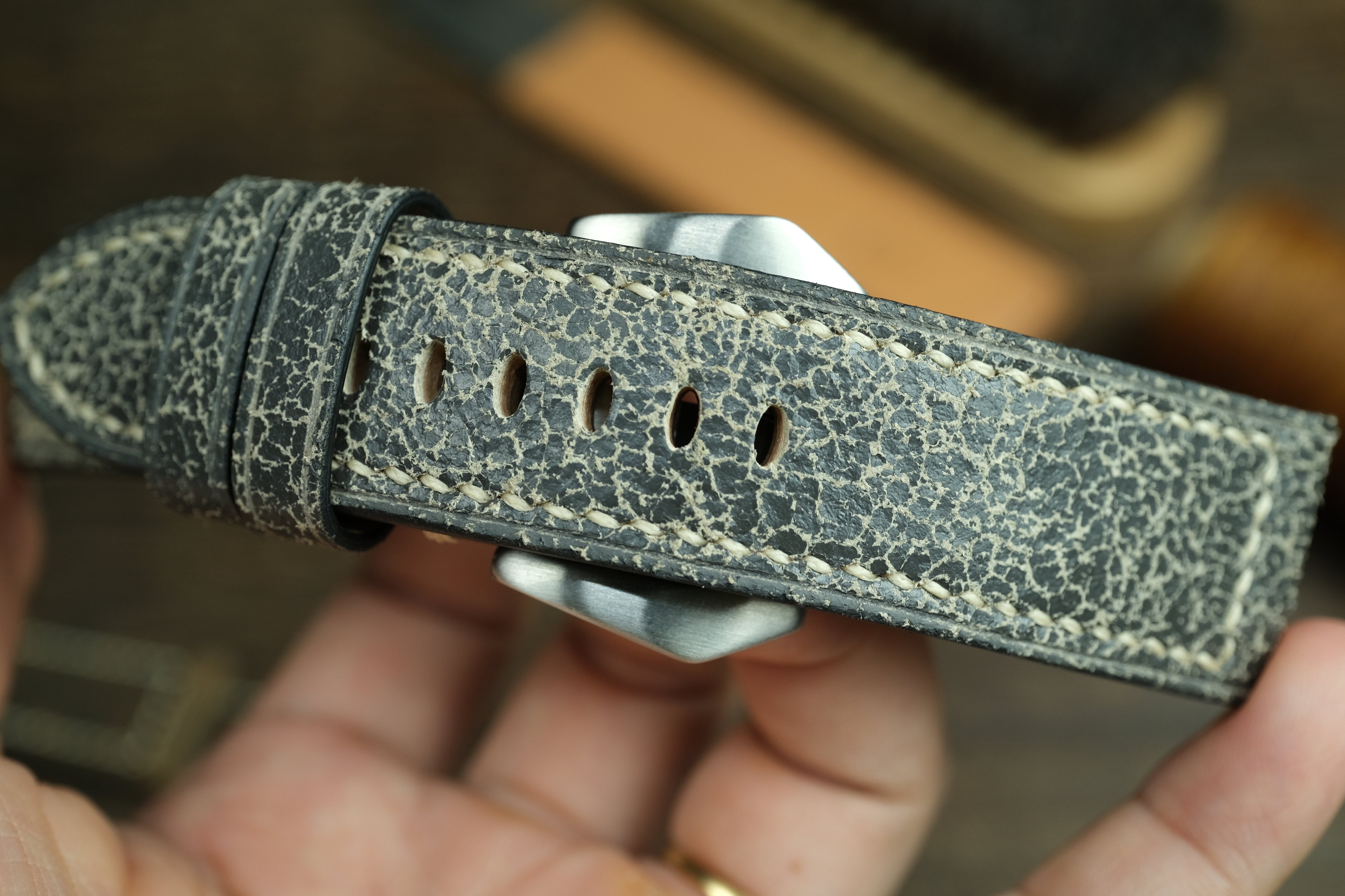 Panerai Watch Strap, Black/Grey Distressed Leather Watch Band