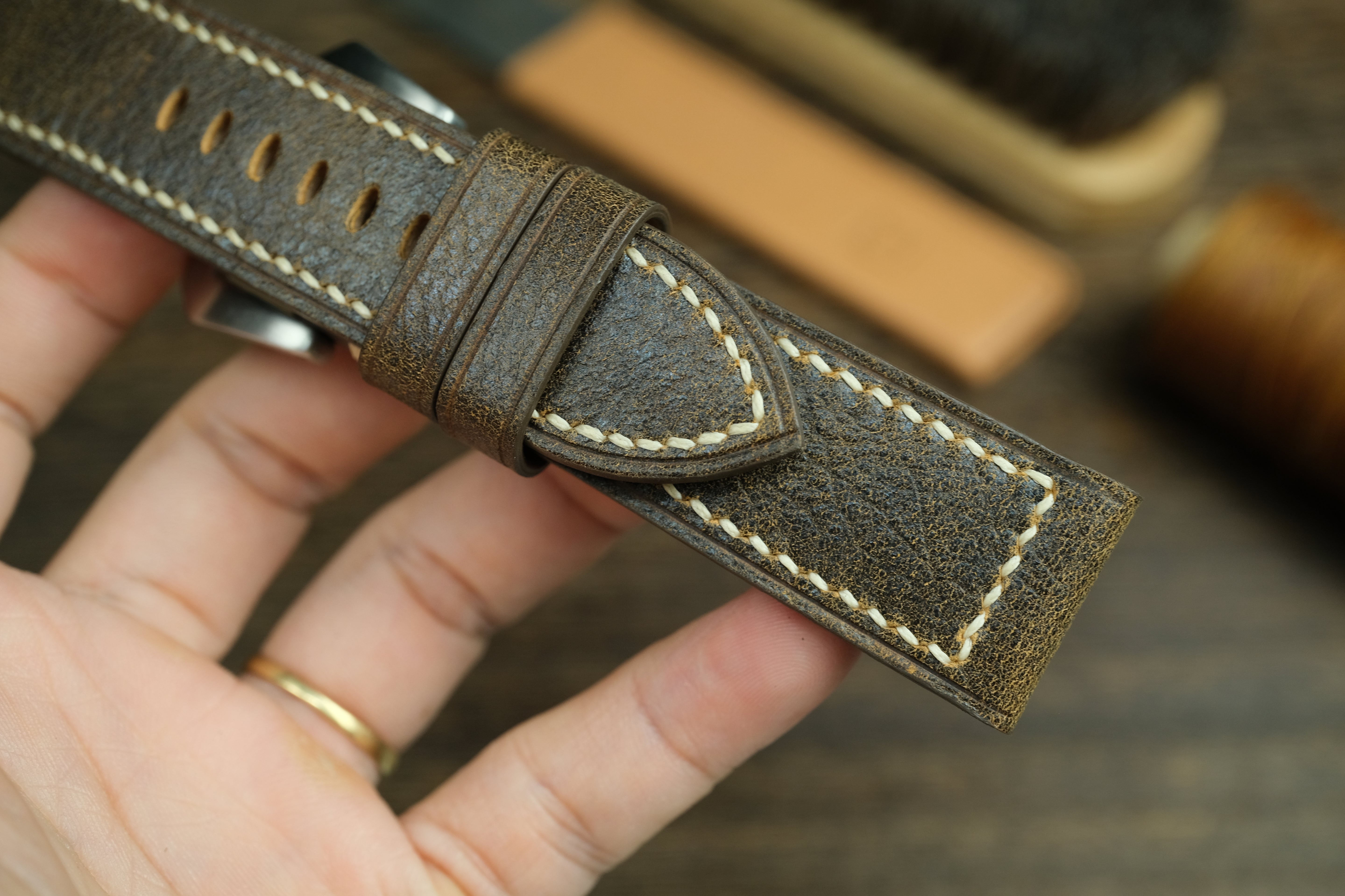 Panerai Black/Gold Distressed Leather Watch Strap