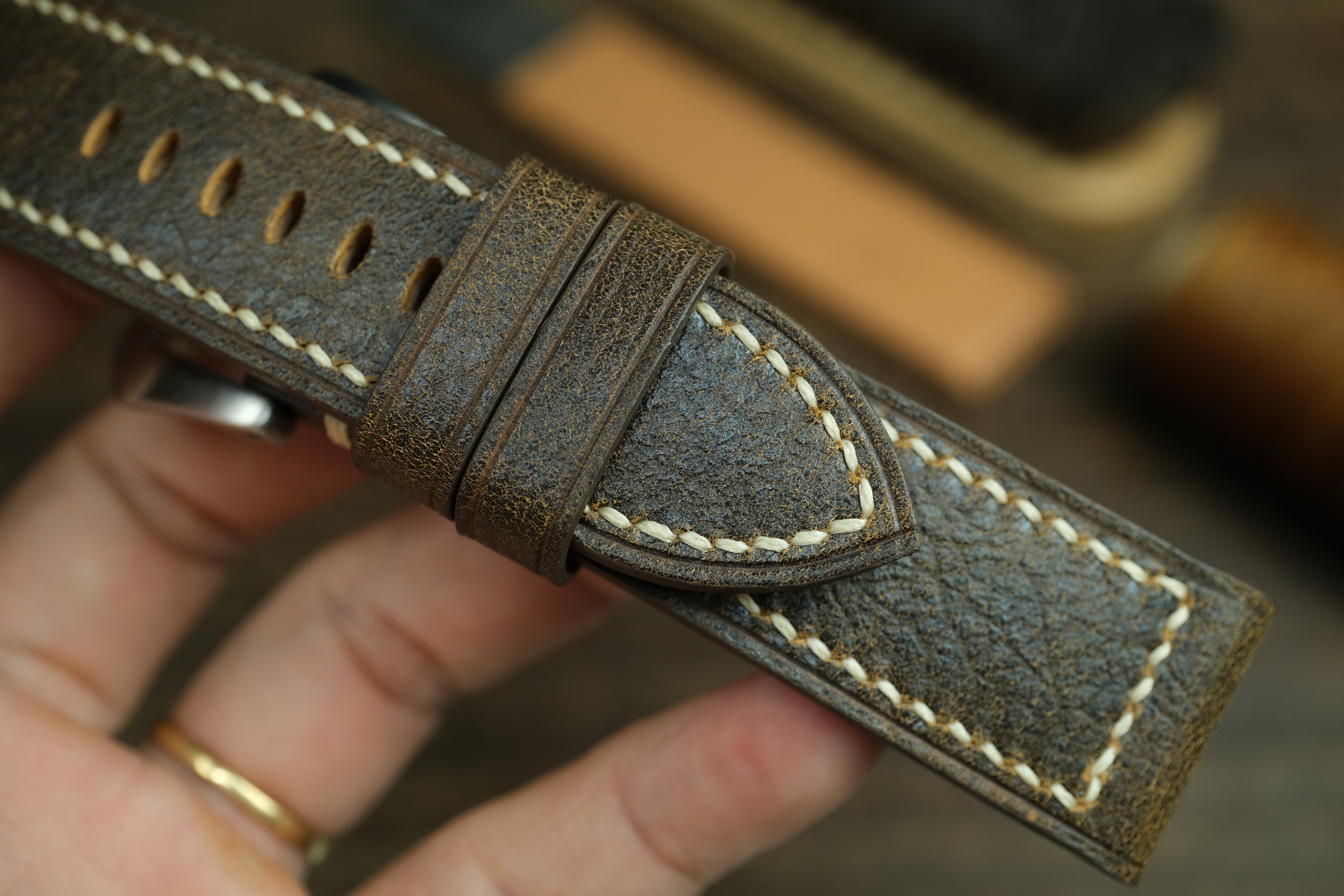 Panerai Black/Gold Distressed Leather Watch Strap