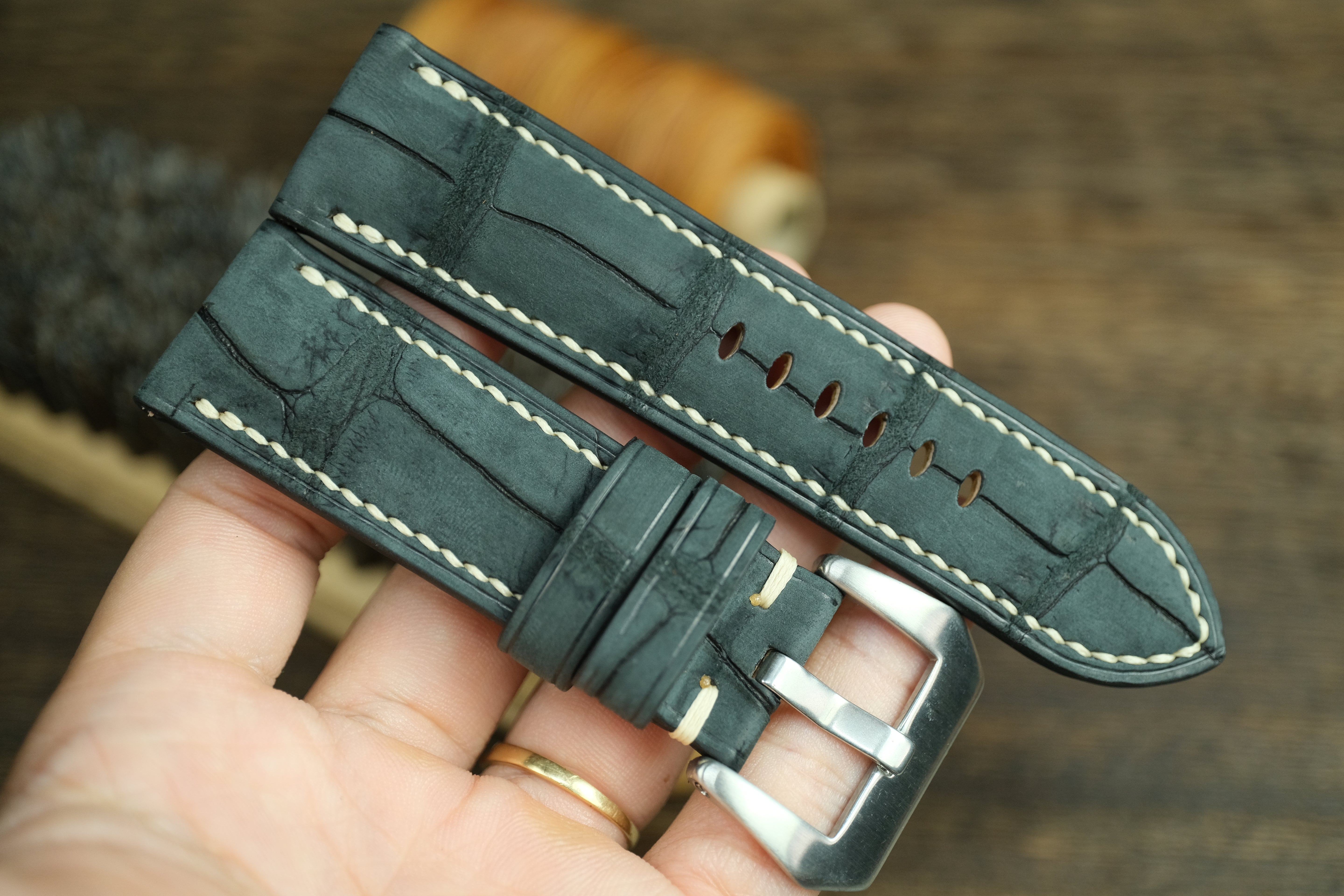 Panerai Watch Strap, Genuine Nubuck Black Alligator Leather
