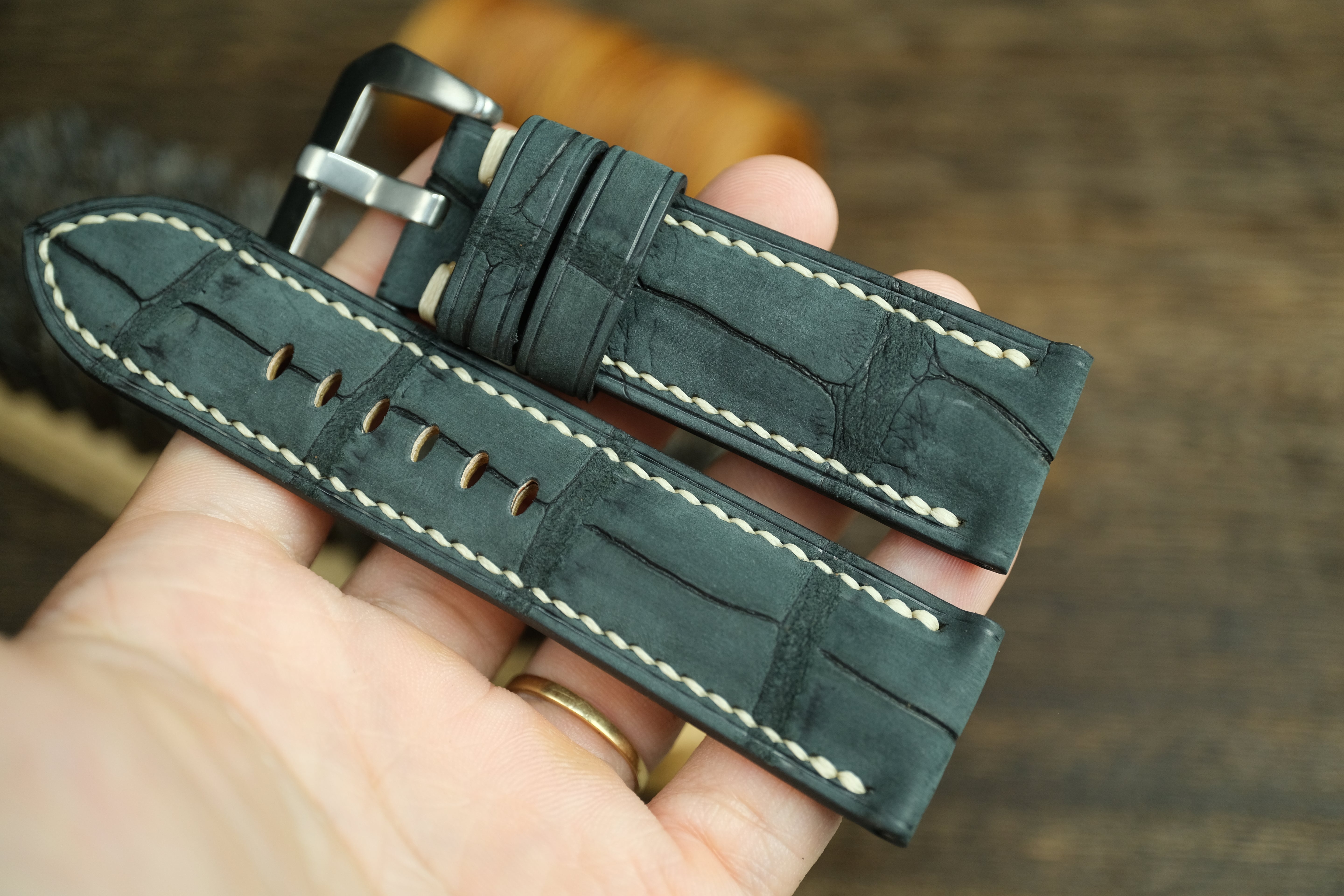 Panerai Watch Strap, Genuine Nubuck Black Alligator Leather
