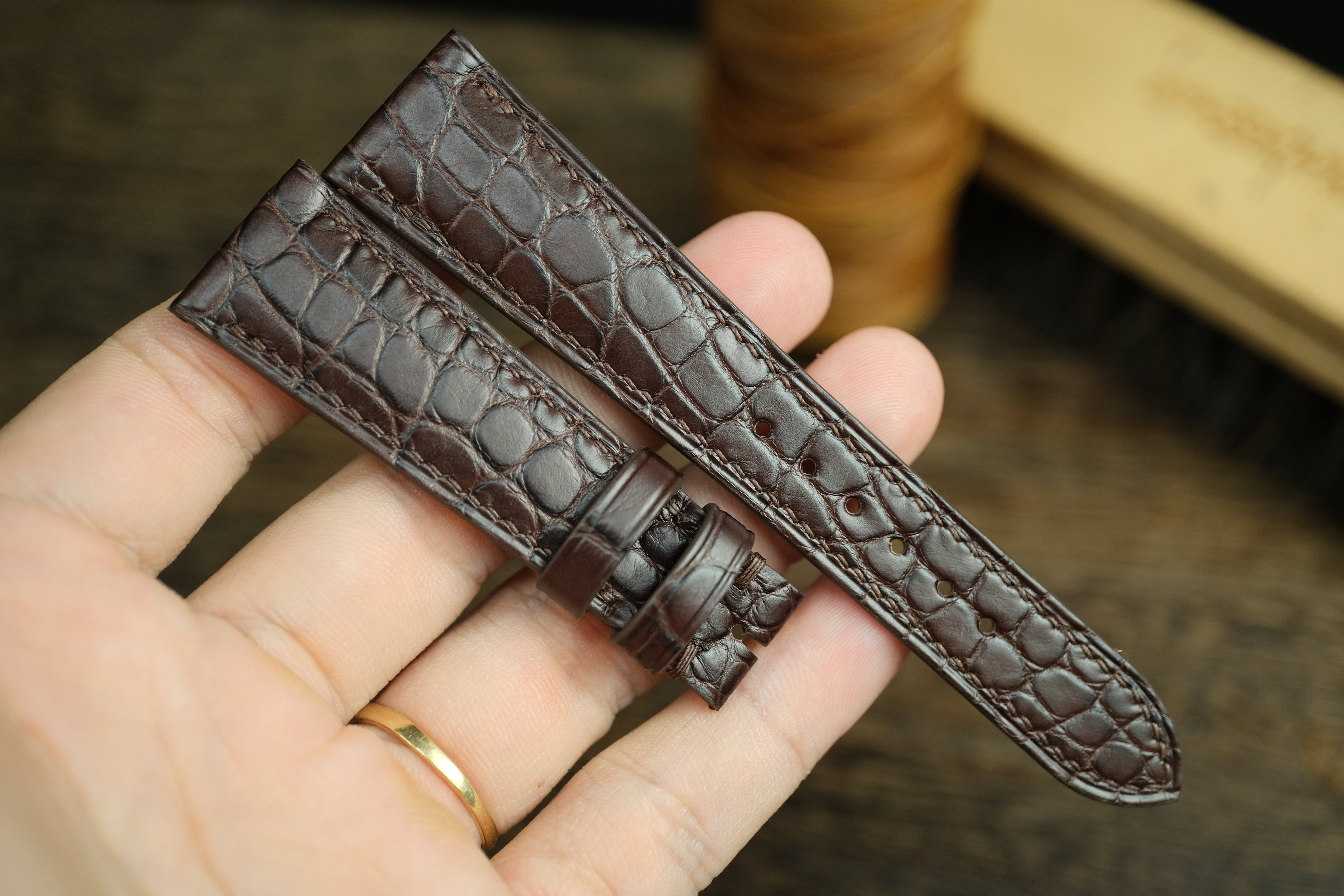 Genuine Dark Brown Alligator Leather (small Scale), Handmade Watch Strap.