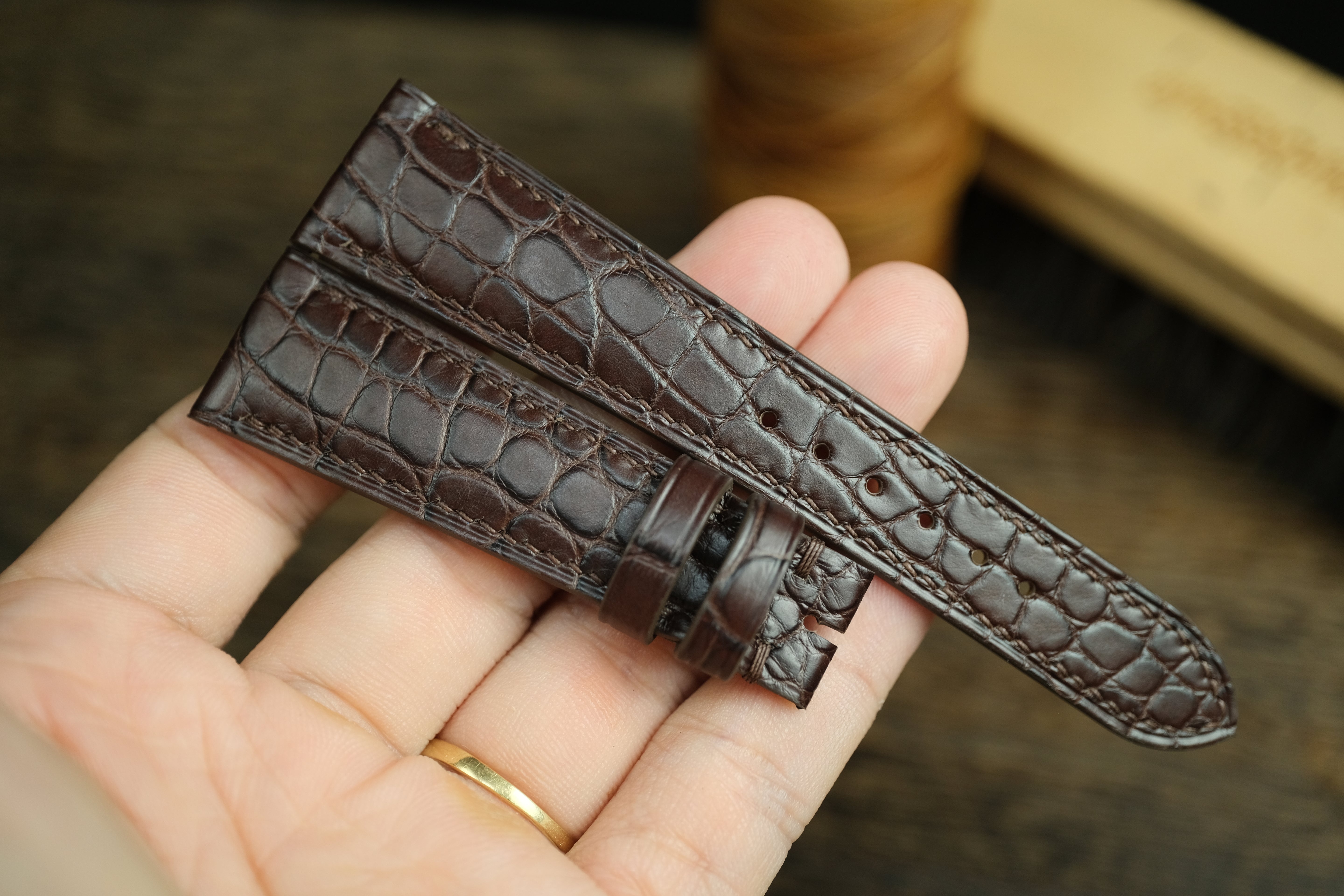 Genuine Dark Brown Alligator Leather (small Scale), Handmade Watch Strap.