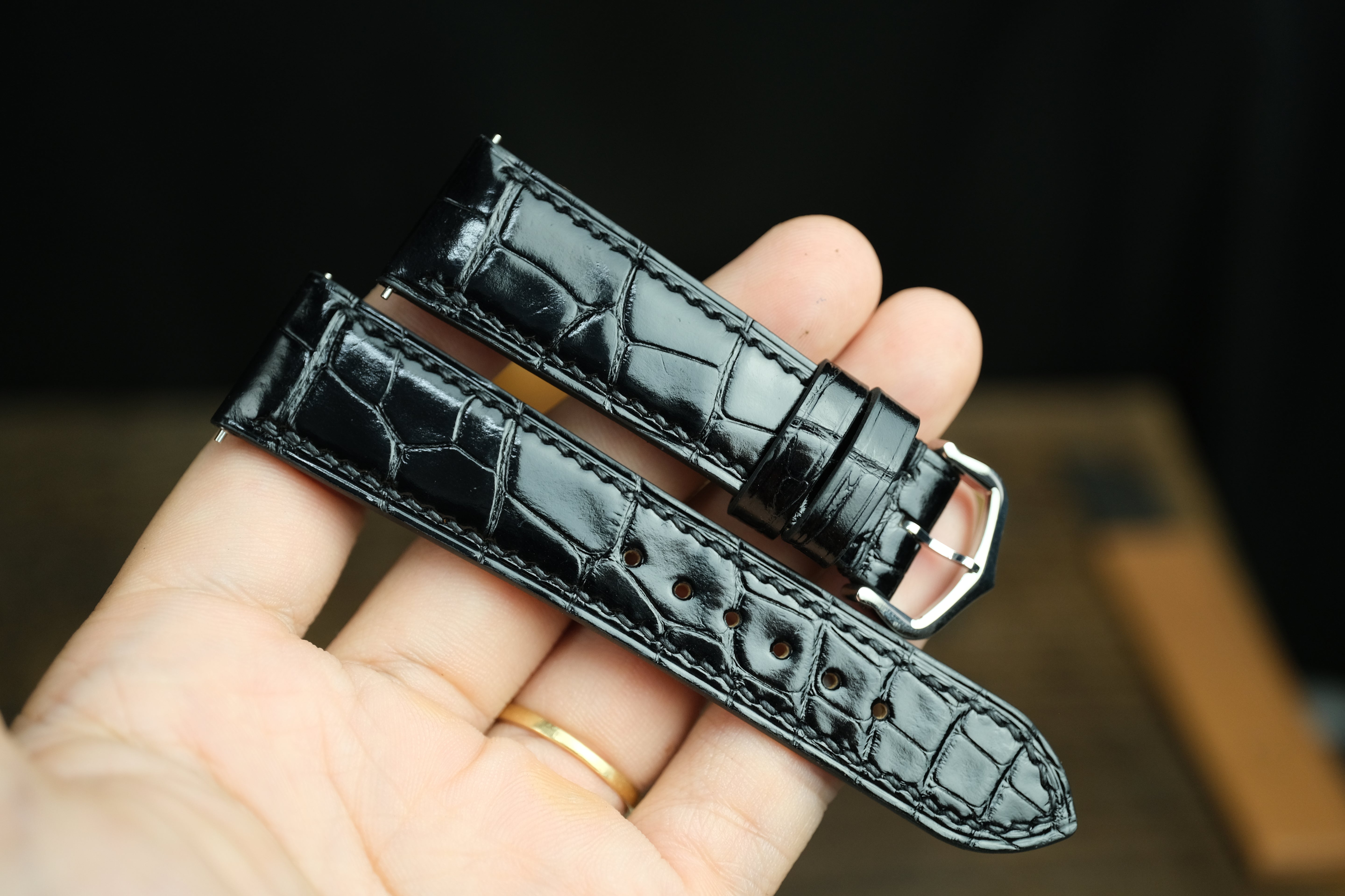 Glossy Black Alligator Leather Santos De Cartier Watch Strap Include Deployment Buckle