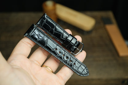 Glossy Black Alligator Leather Santos De Cartier Watch Strap Include Deployment Buckle