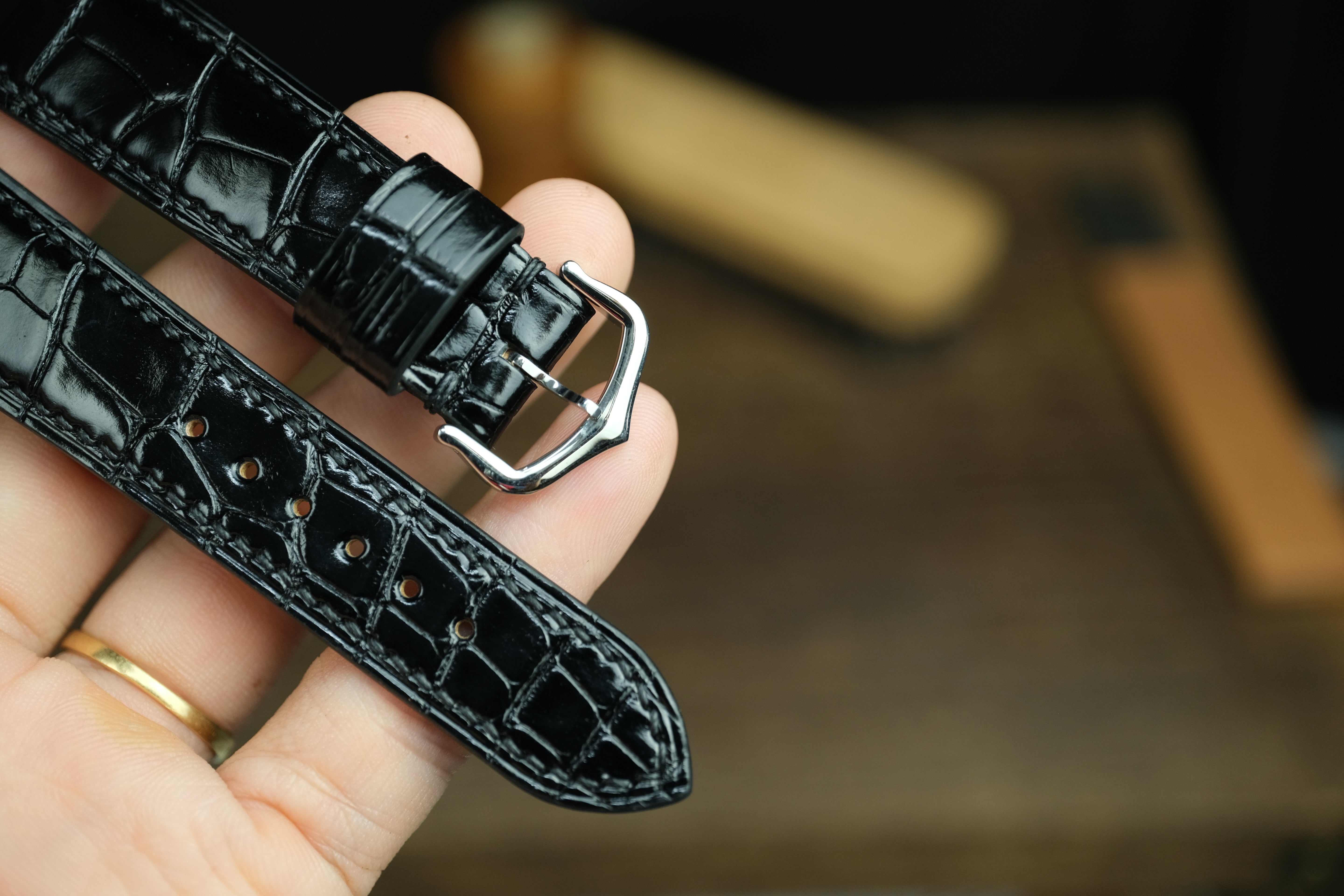 Glossy Black Alligator Leather Santos De Cartier Watch Strap Include Deployment Buckle