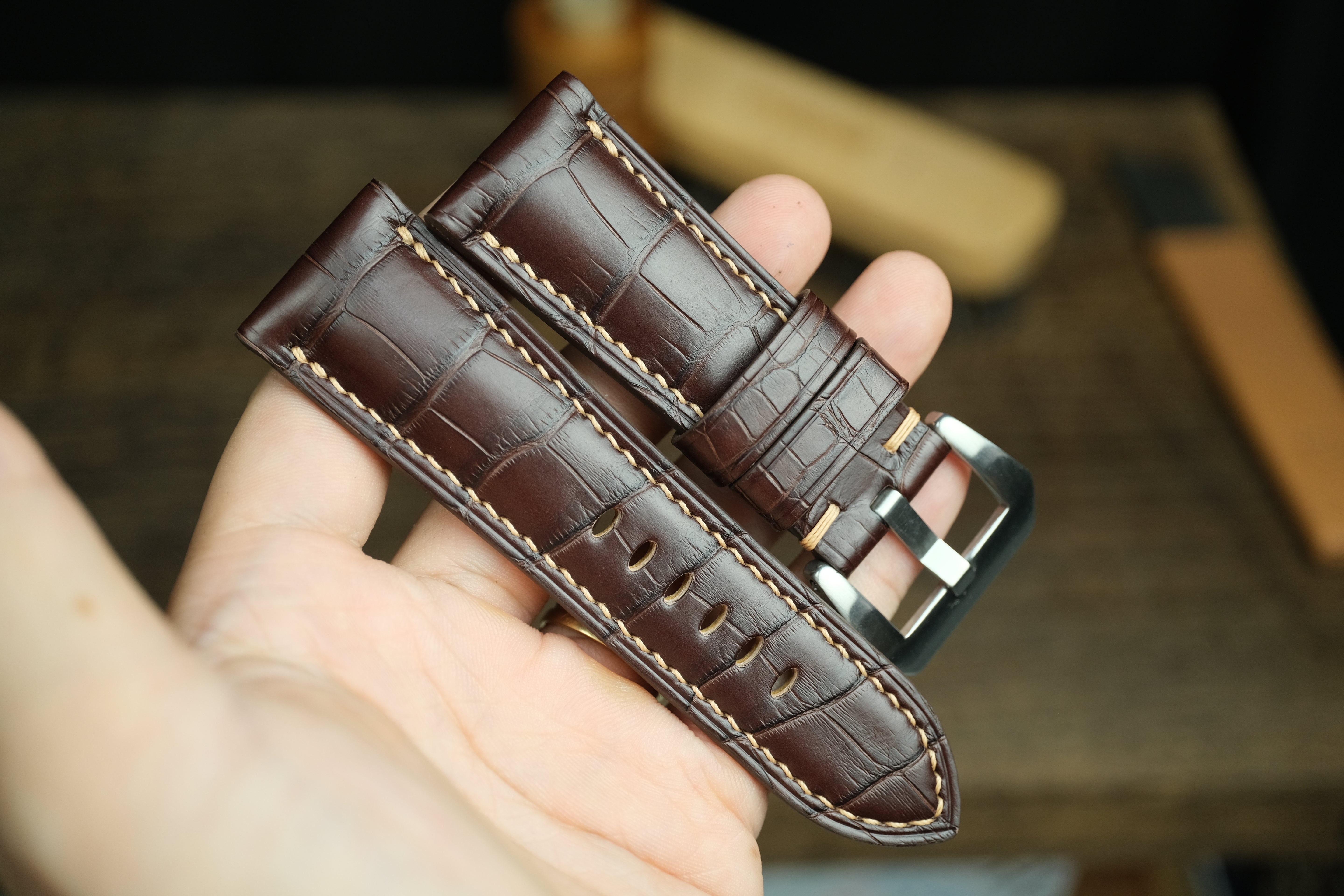 Panerai Watch Strap, Handmade Genuine Darkbrown Alligator Leather.