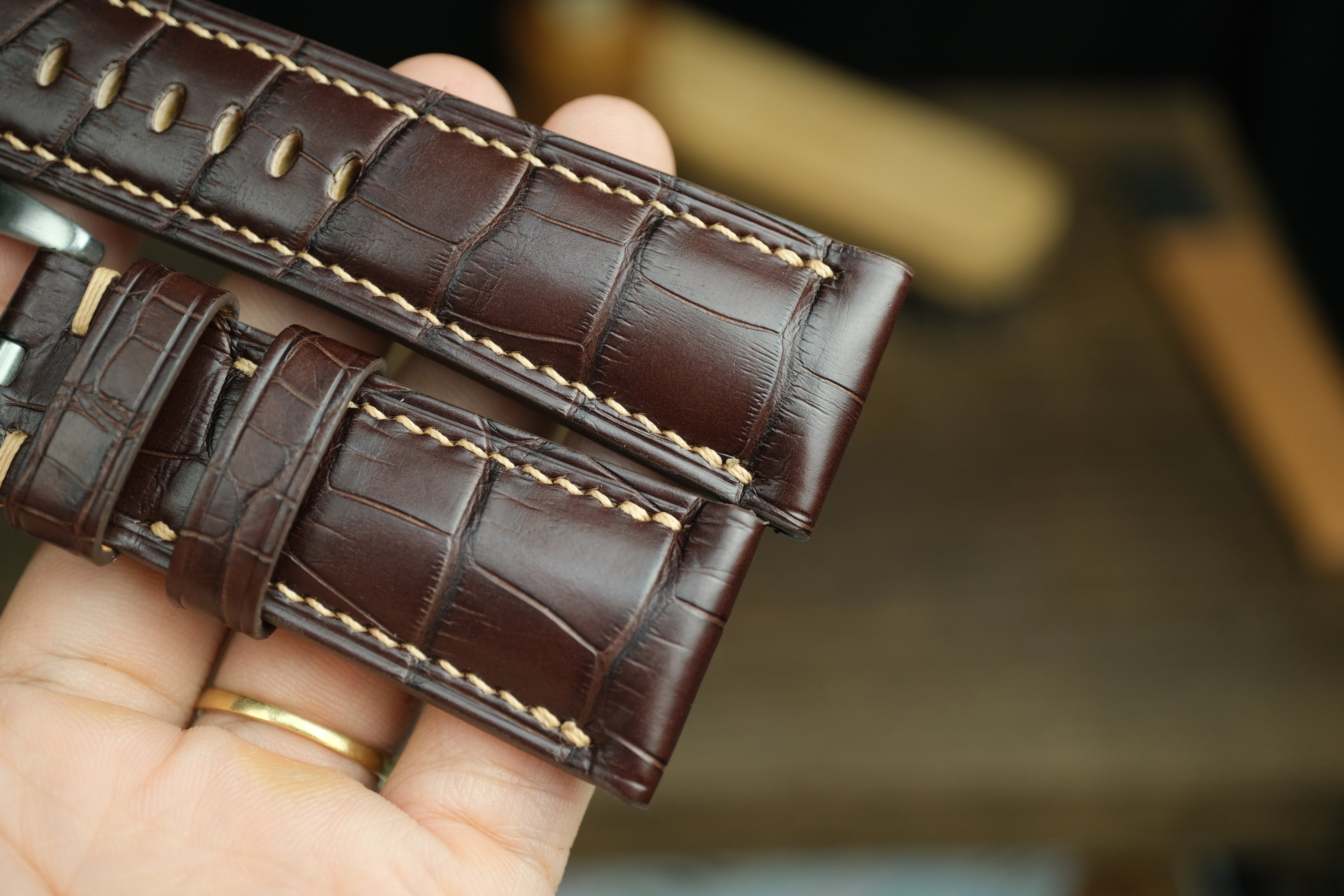 Panerai Watch Strap, Handmade Genuine Darkbrown Alligator Leather.