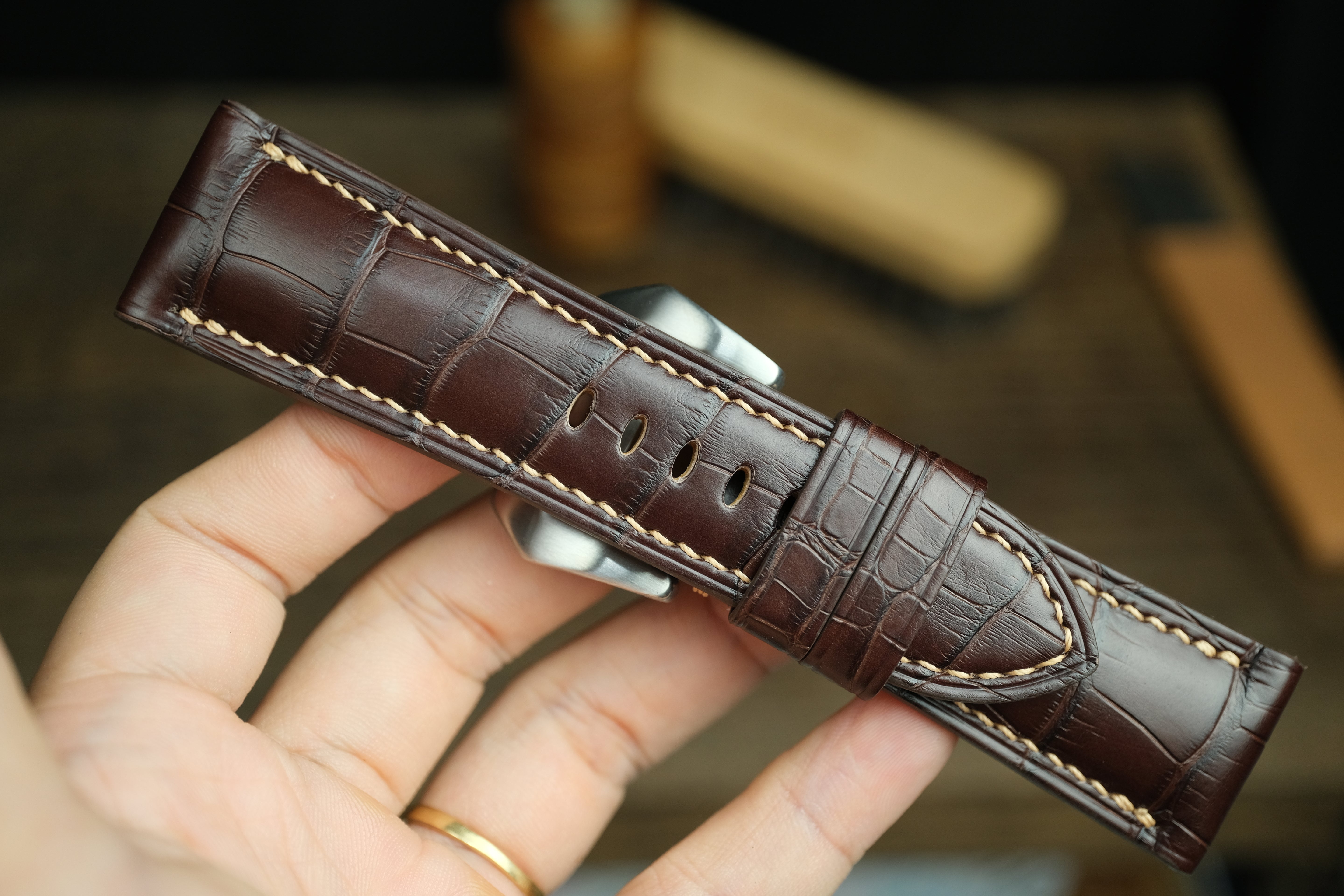 Panerai Watch Strap, Handmade Genuine Darkbrown Alligator Leather.