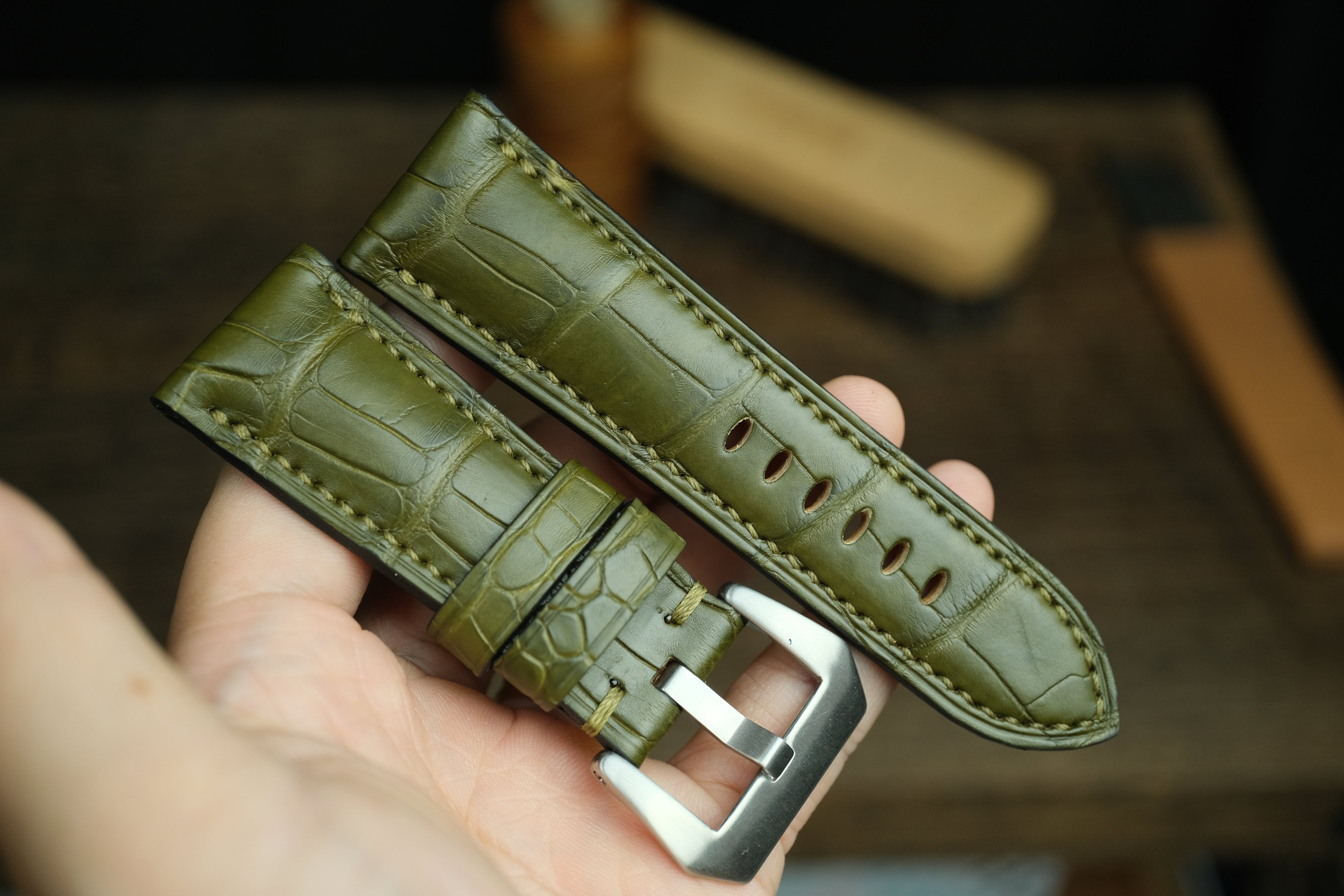 Panerai Watch Strap, Handmade Genuine Olive Green Alligator Leather