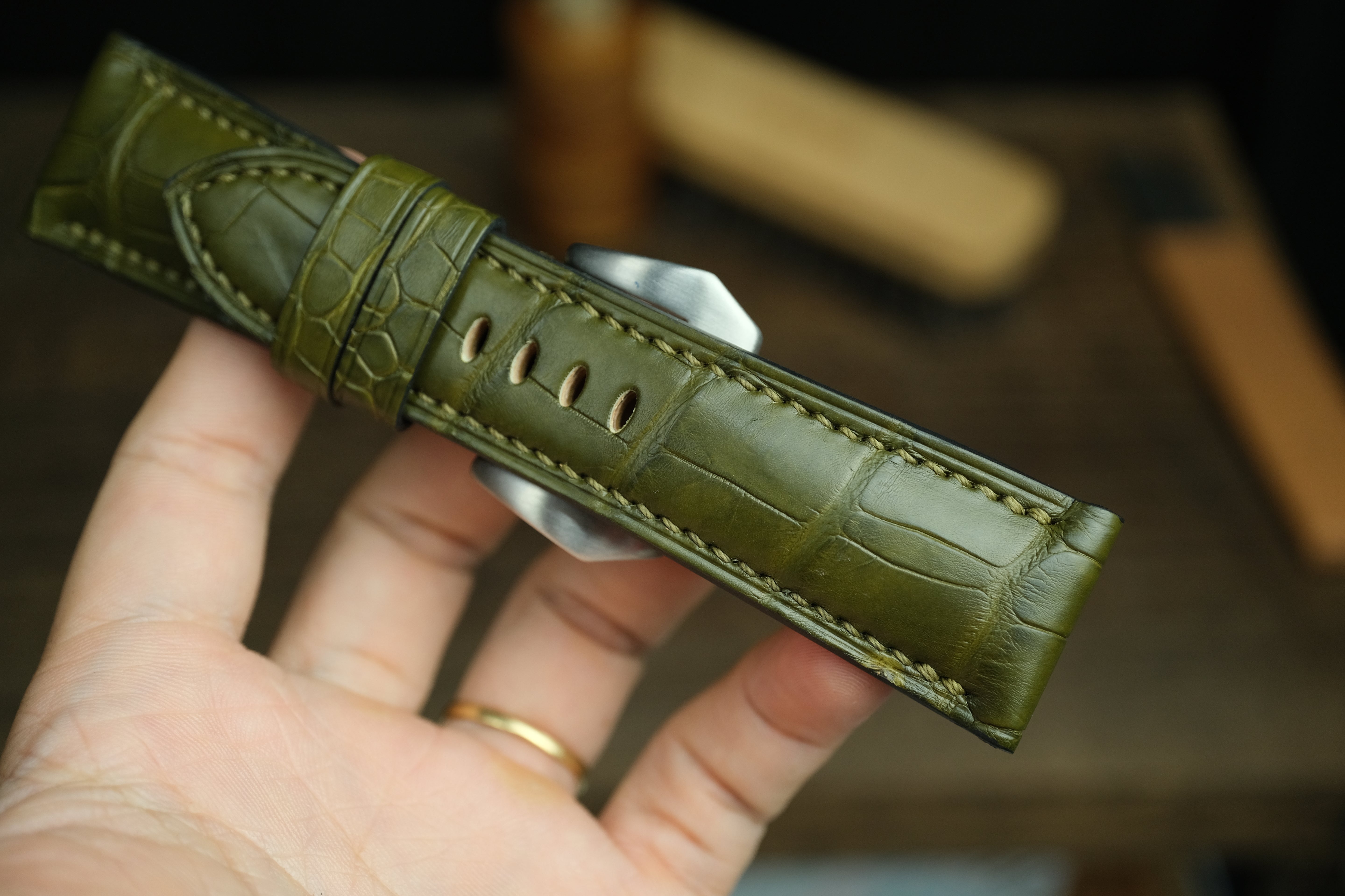 Panerai Watch Strap, Handmade Genuine Olive Green Alligator Leather