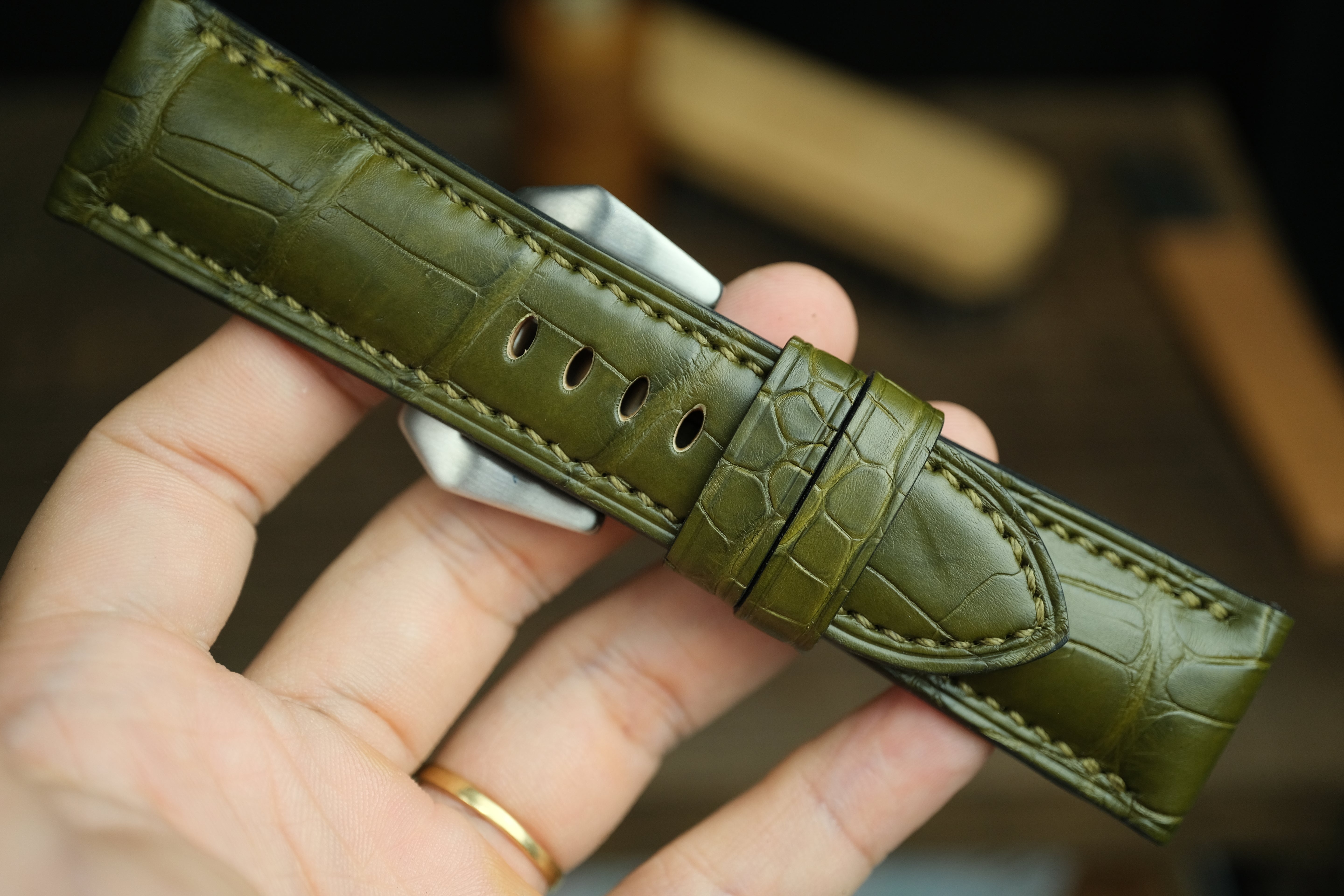 Panerai Watch Strap, Handmade Genuine Olive Green Alligator Leather