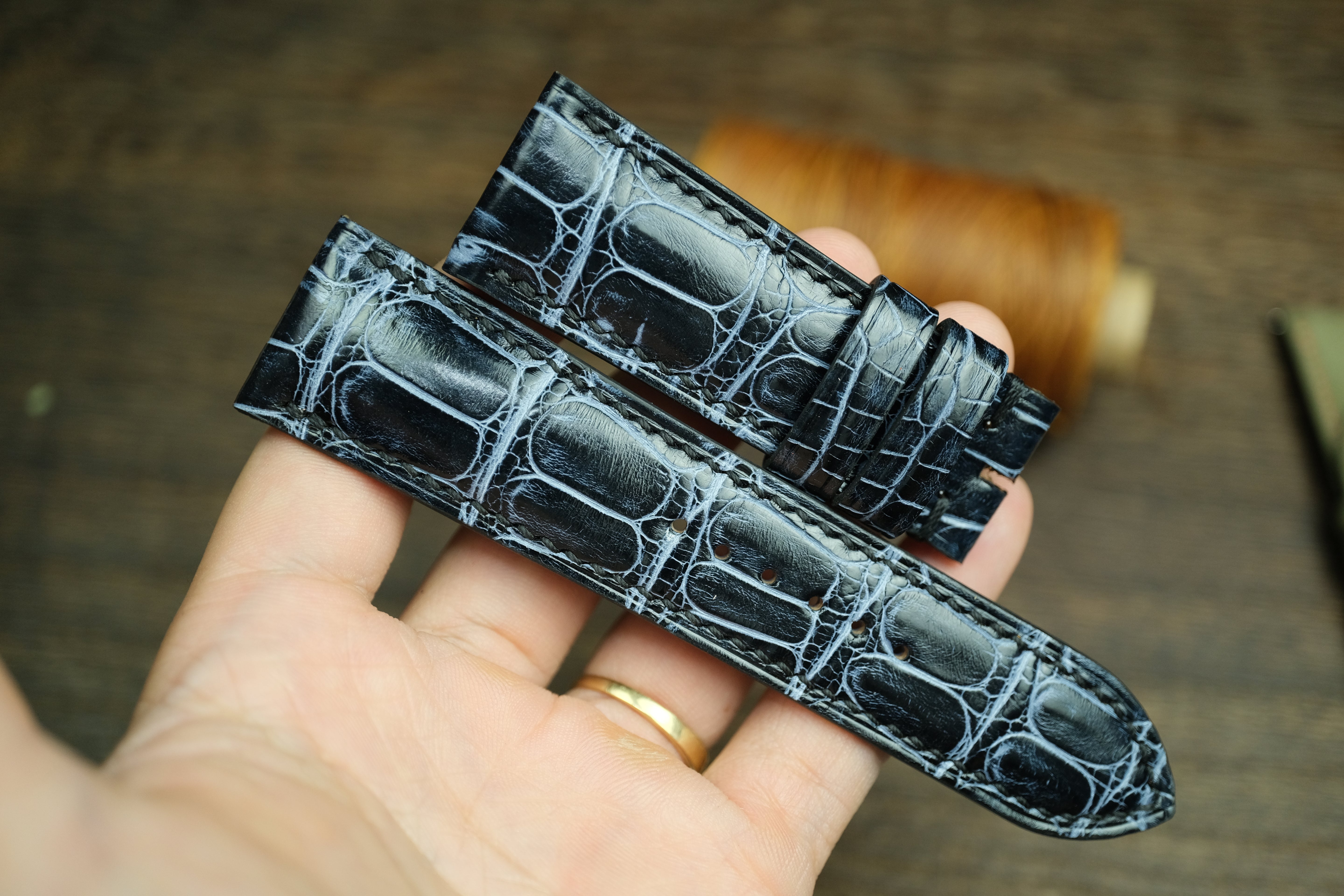 Panerai Watch Strap, Handmade Genuine Black/Grey Alligator Leather