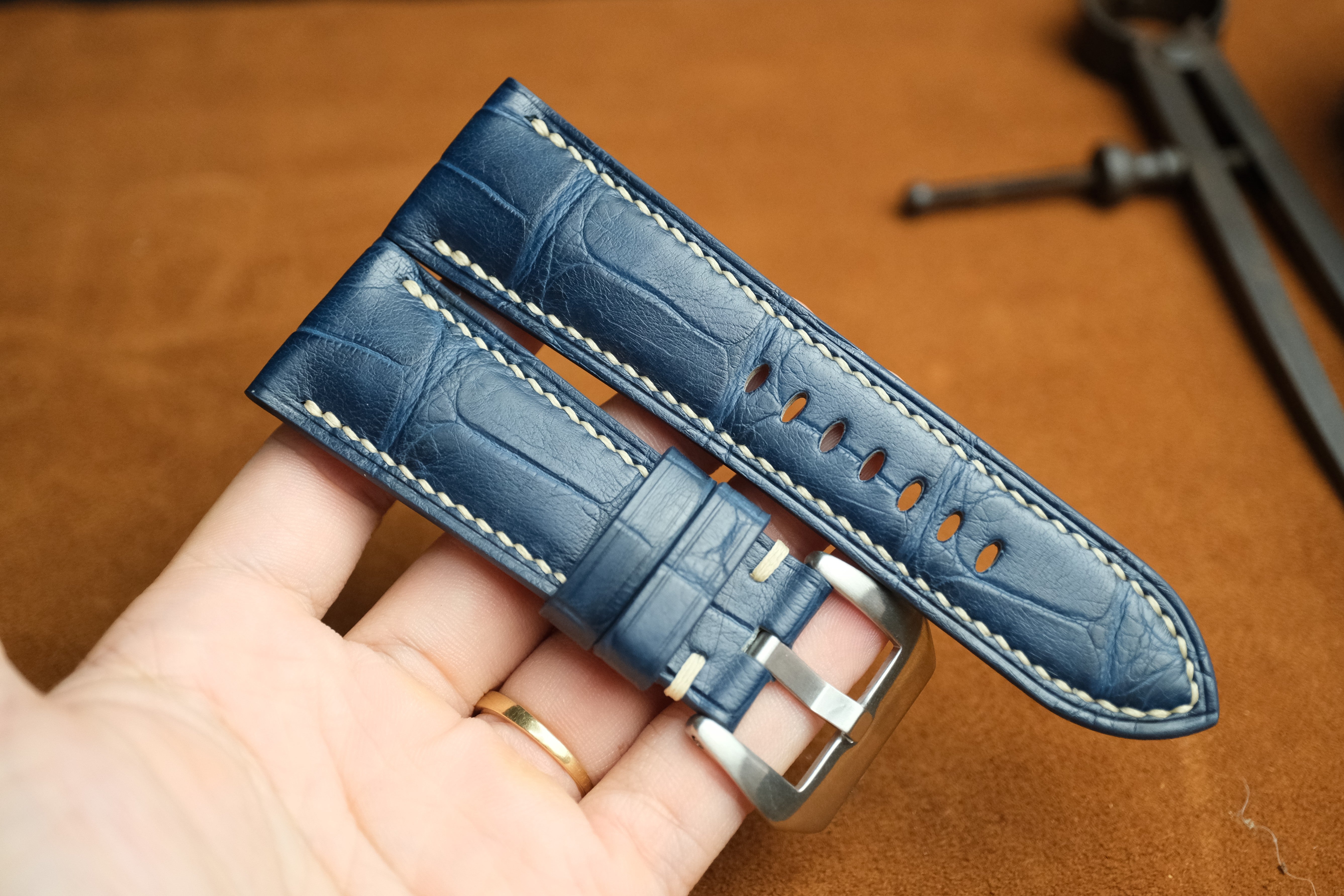 Panerai Watch Strap, Handmade Genuine Blue Alligator Leather