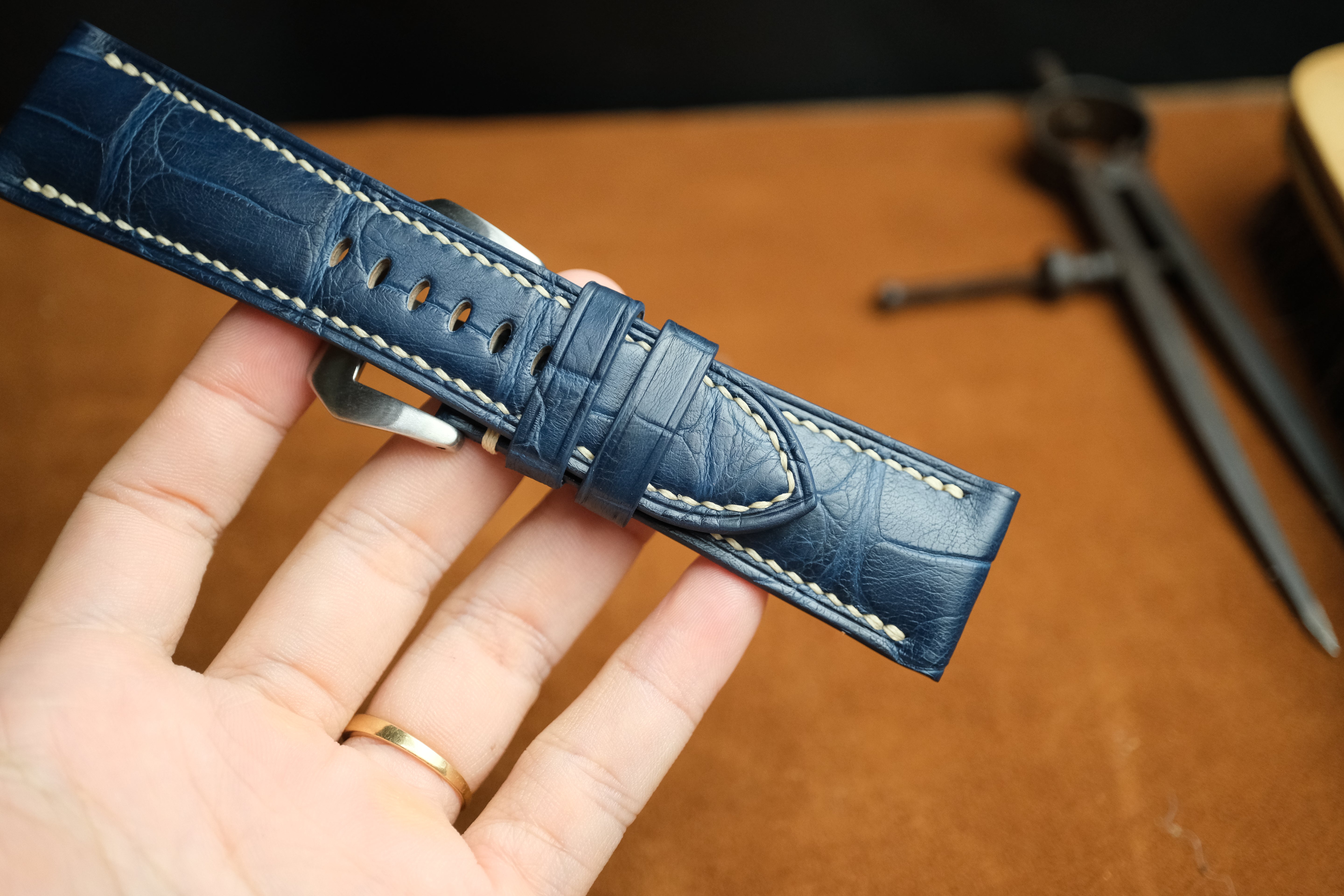 Panerai Watch Strap, Handmade Genuine Blue Alligator Leather