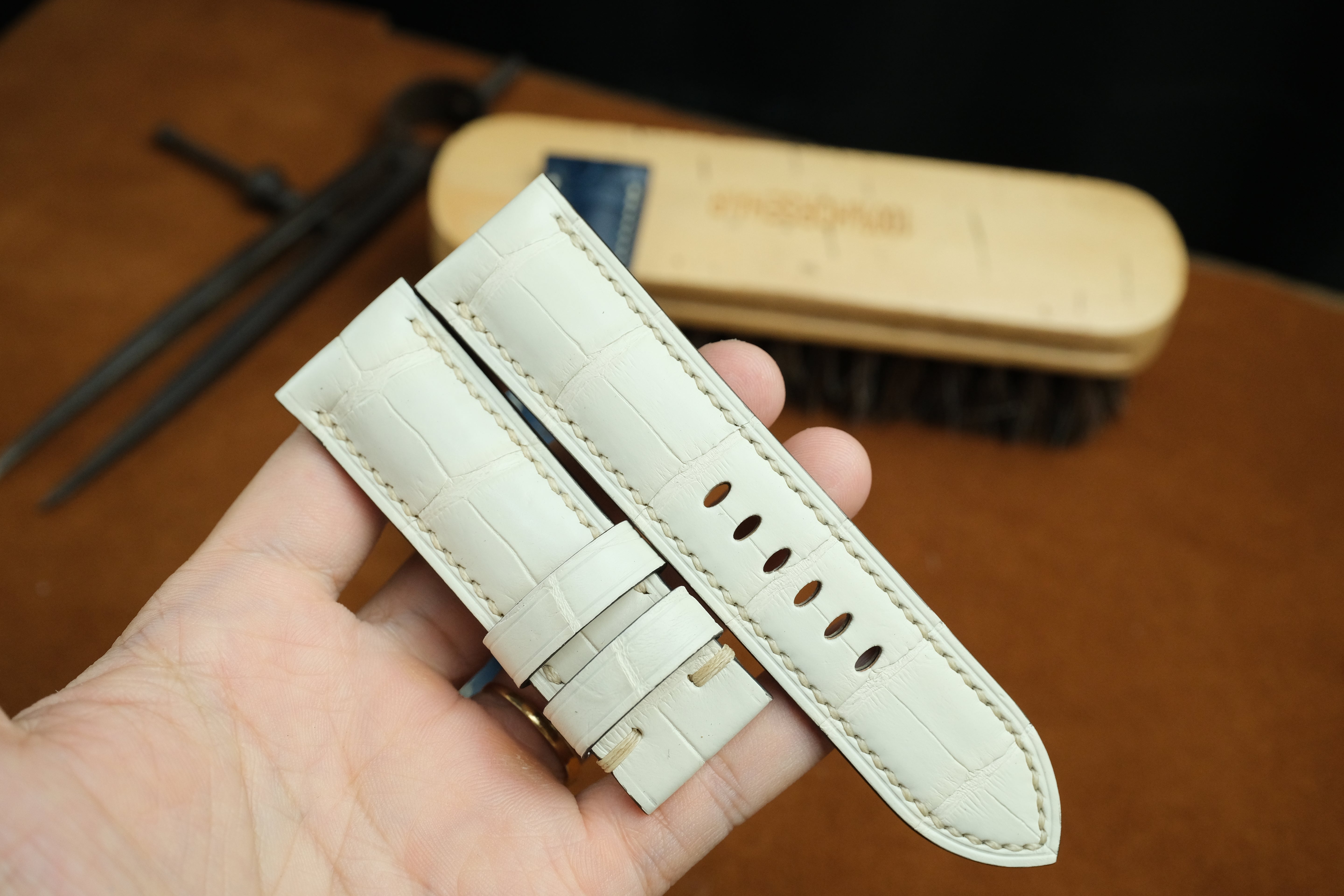 Panerai Watch Strap, Handmade Genuine White Cream Alligator Leather