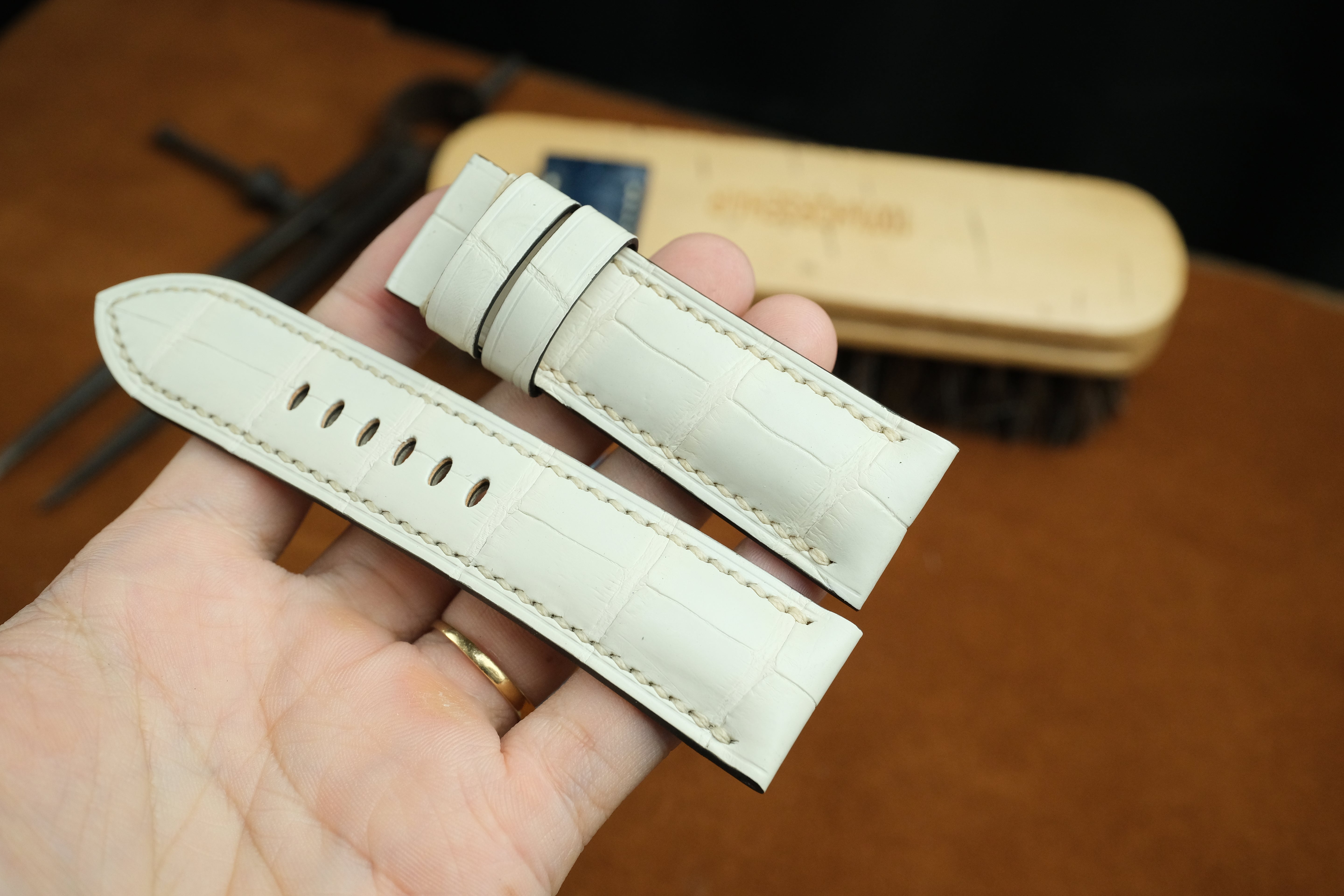 Panerai Watch Strap, Handmade Genuine White Cream Alligator Leather