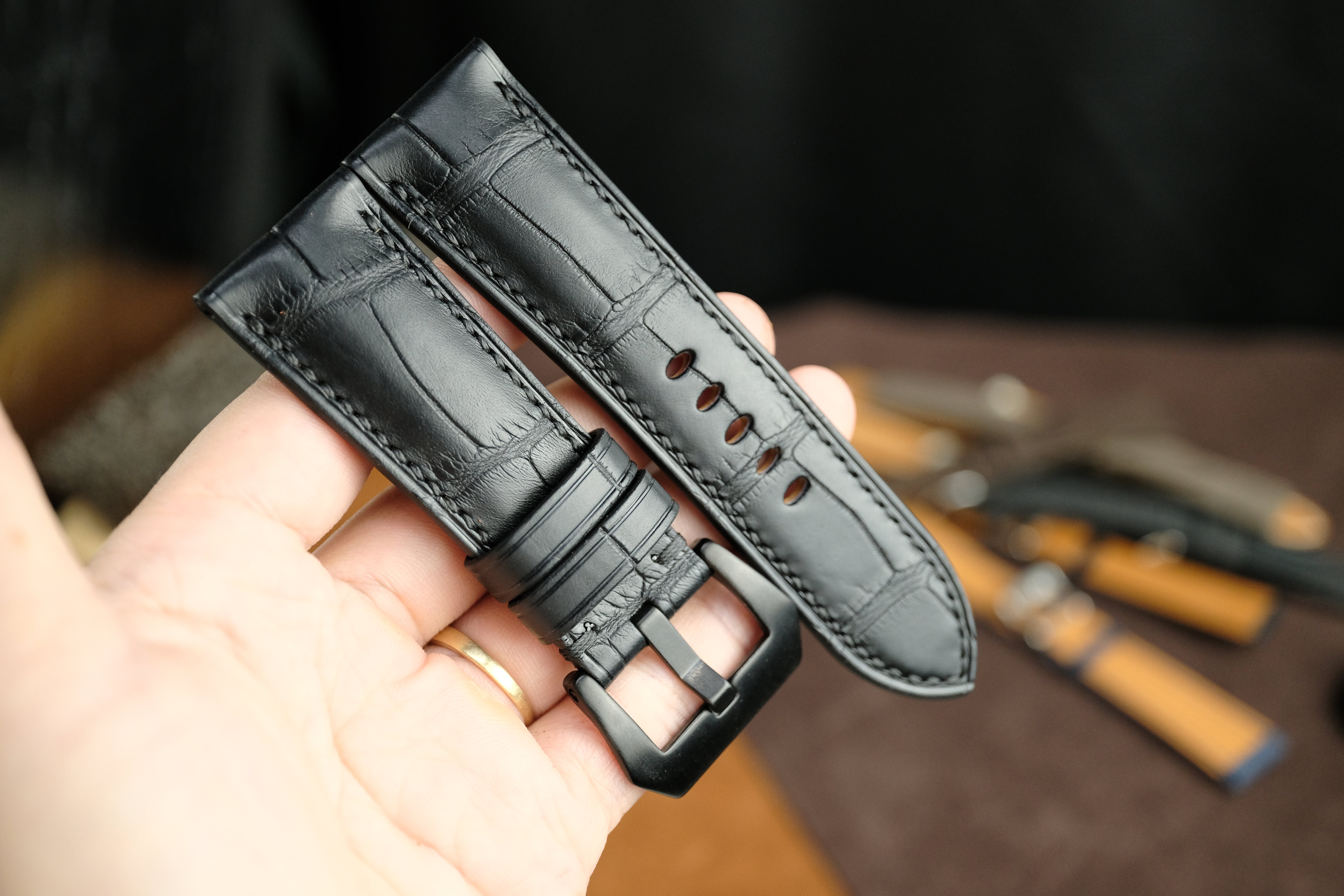Black Alligator Leather Panerai Watch Strap, Hanmade Leather Band