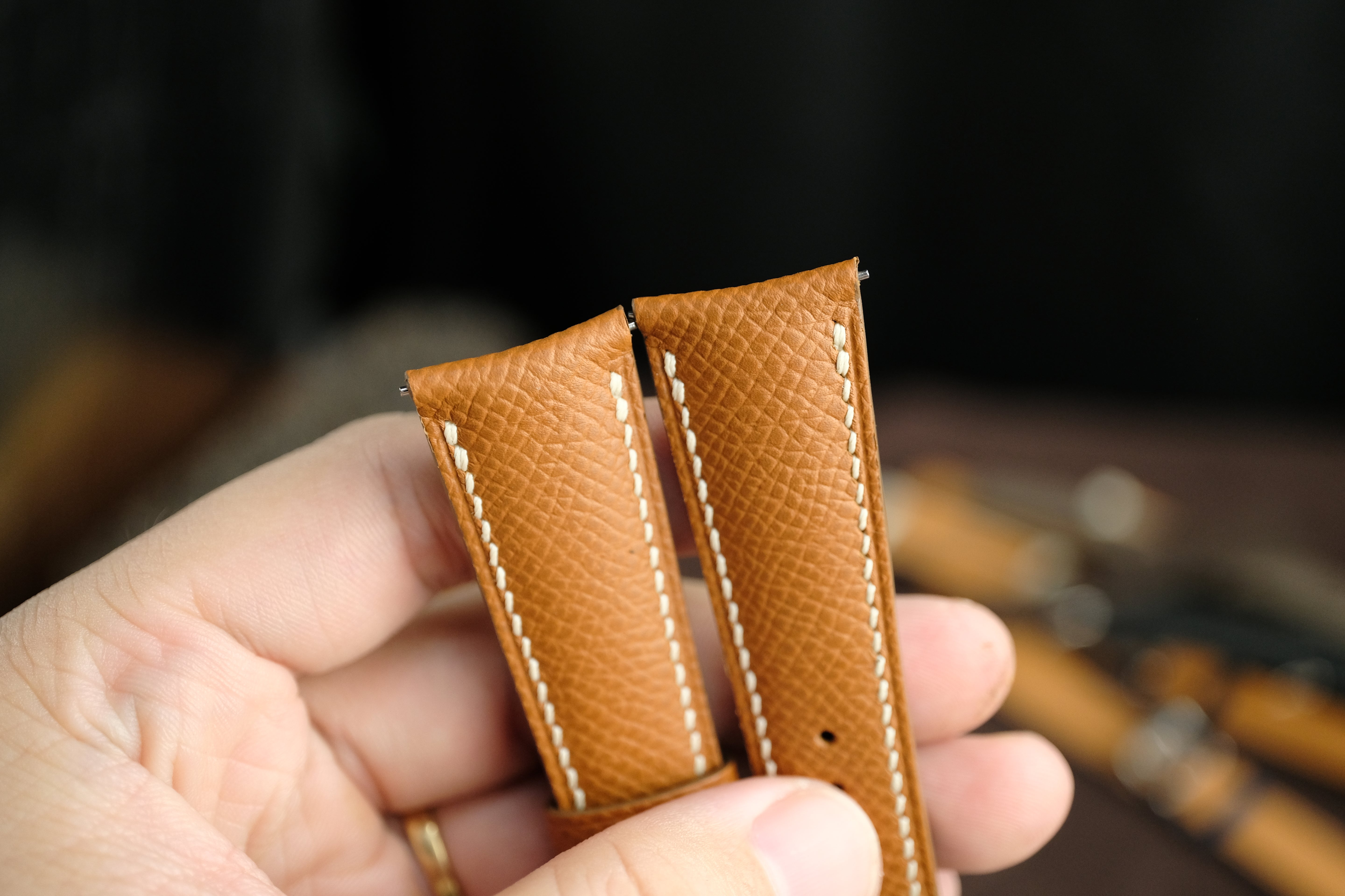 Gold Brown Epsom Curved Leather Handmade Watch Strap