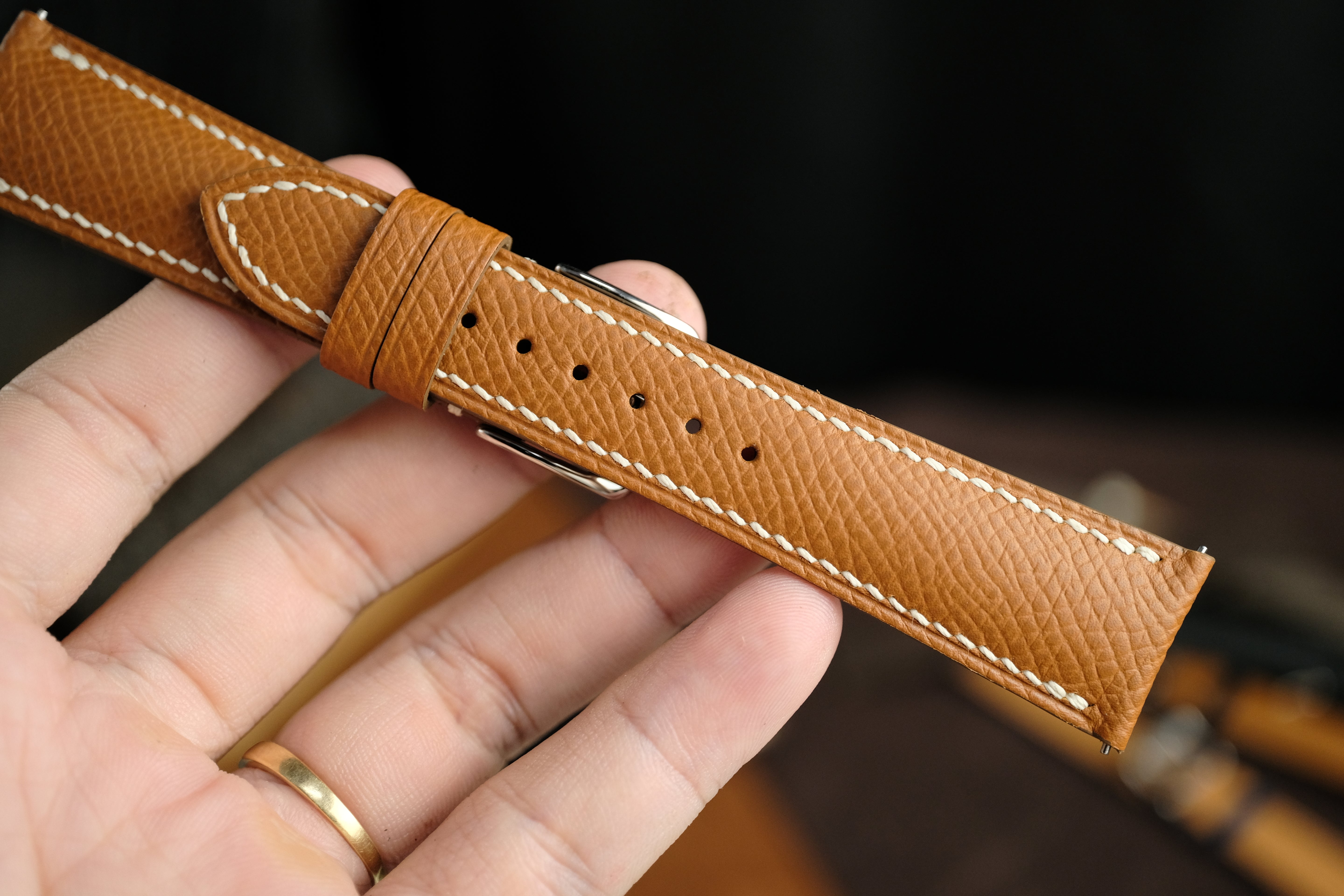 Gold Brown Epsom Curved Leather Handmade Watch Strap