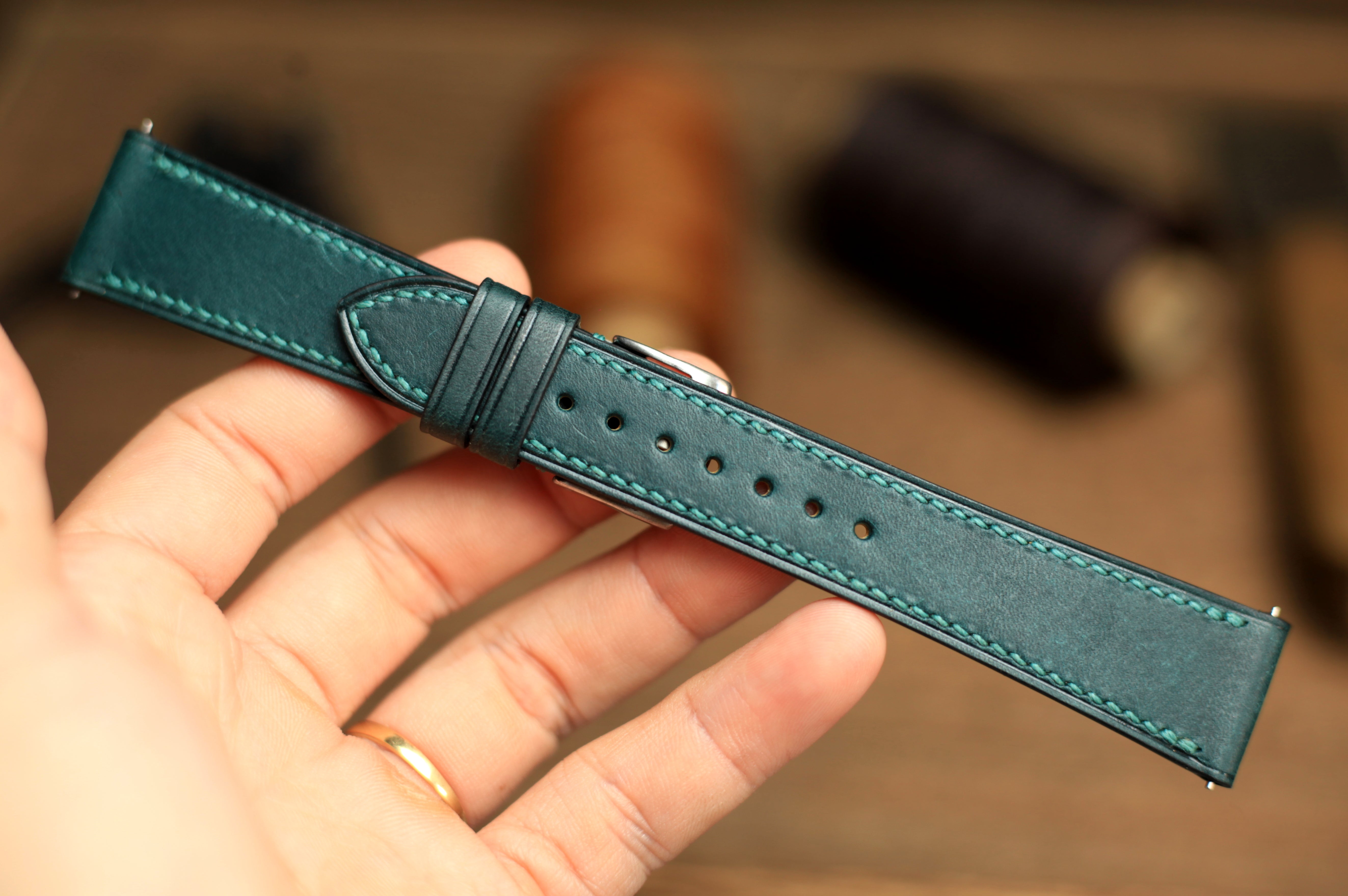 PUEBLO DEEP TEAL GREEN LEATHER HANDMADE WATCH STRAP, QUICK RELEASE