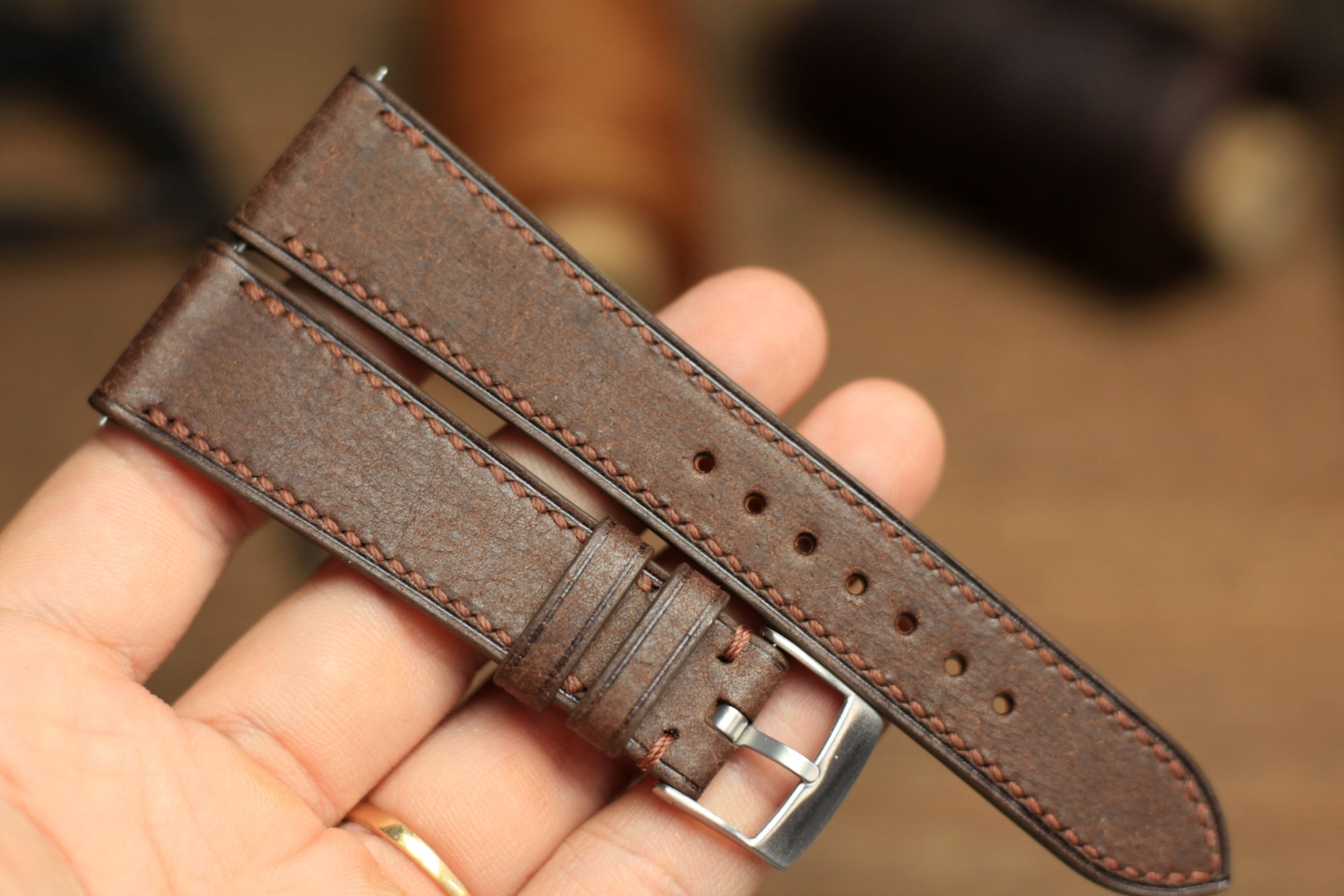 PUEBLO COFFEE BROWN LEATHER HANDMADE WATCH STRAP, QUICK RELEASE