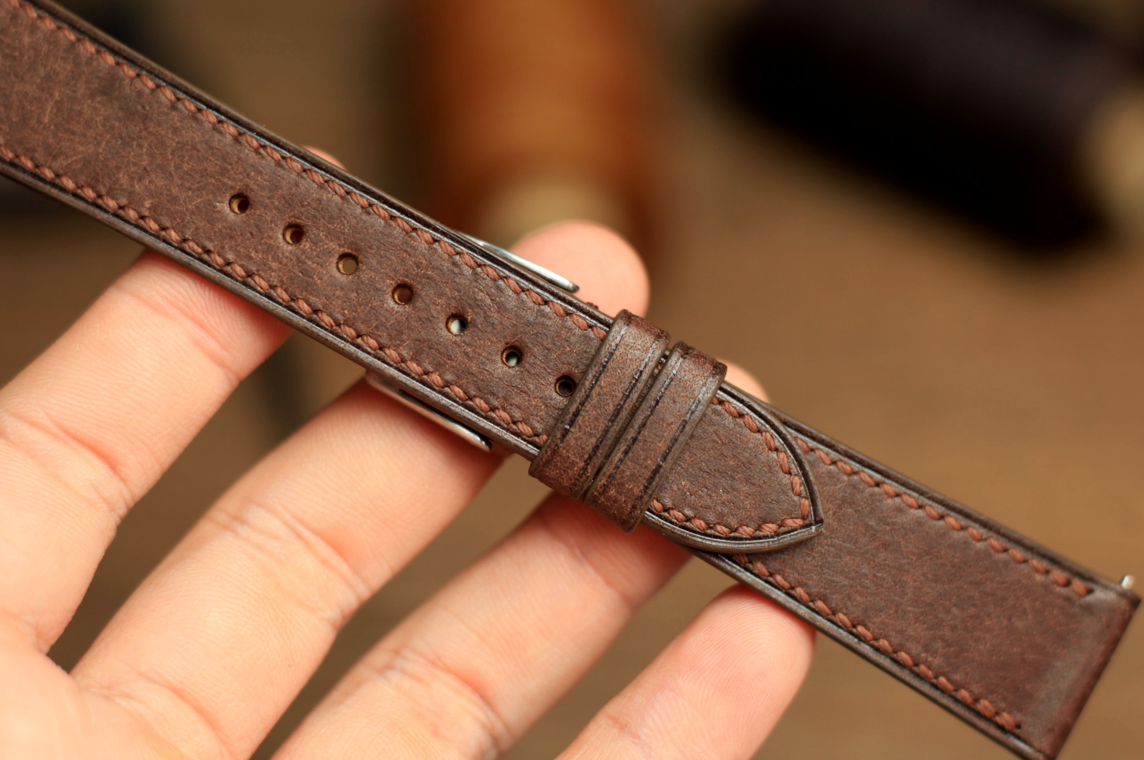 PUEBLO COFFEE BROWN LEATHER HANDMADE WATCH STRAP, QUICK RELEASE