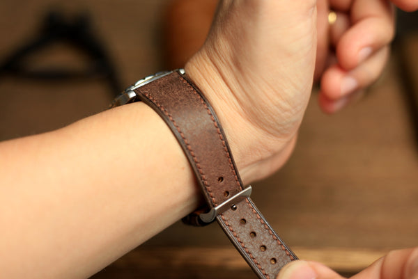 PUEBLO COFFEE BROWN LEATHER HANDMADE WATCH STRAP, QUICK RELEASE