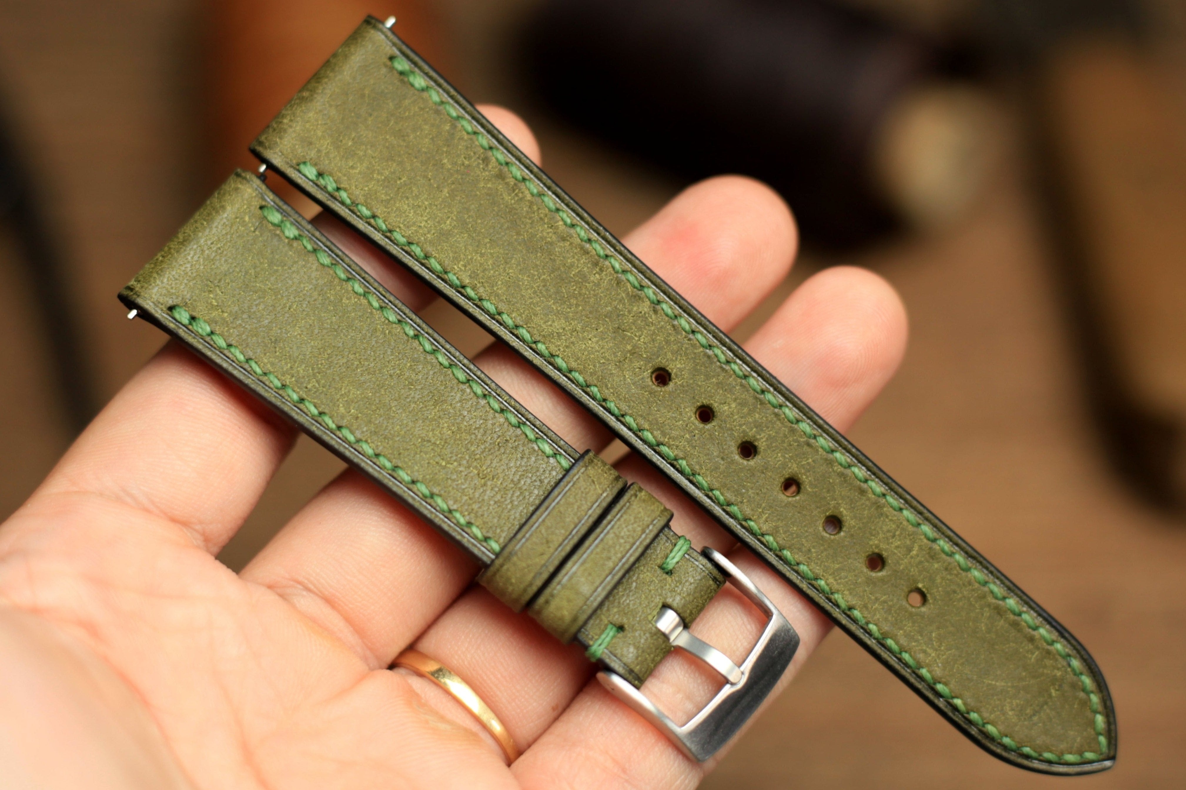 Pueblo Olive Green Leather Handmade Watch Strap, Quick Release