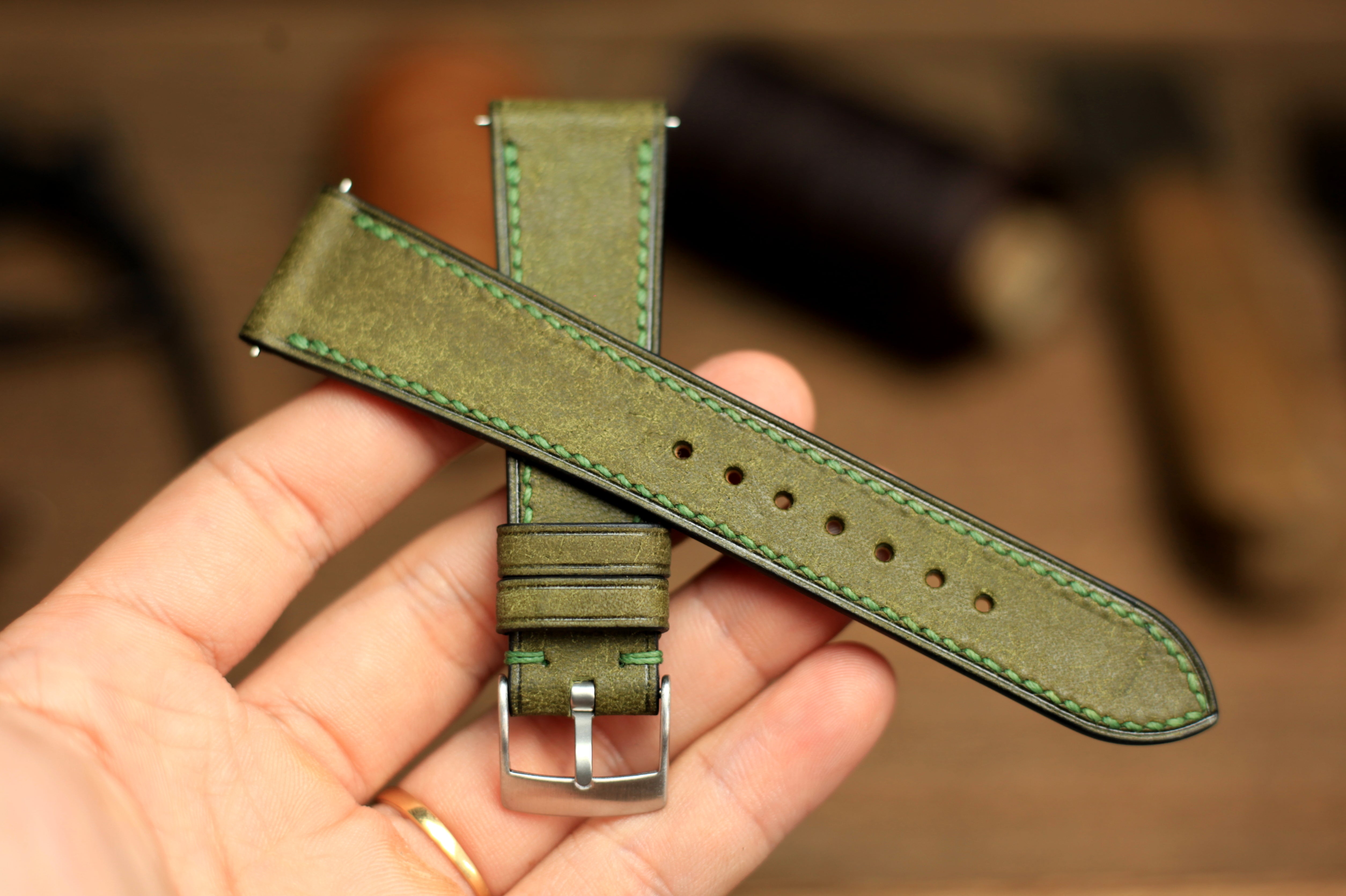 Pueblo Olive Green Leather Handmade Watch Strap, Quick Release
