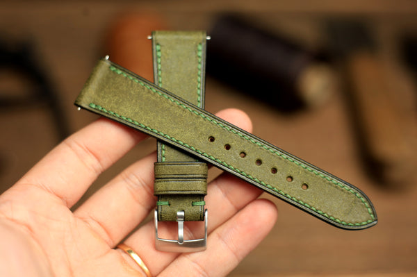 PUEBLO OLIVE GREEN LEATHER HANDMADE WATCH STRAP, QUICK RELEASE