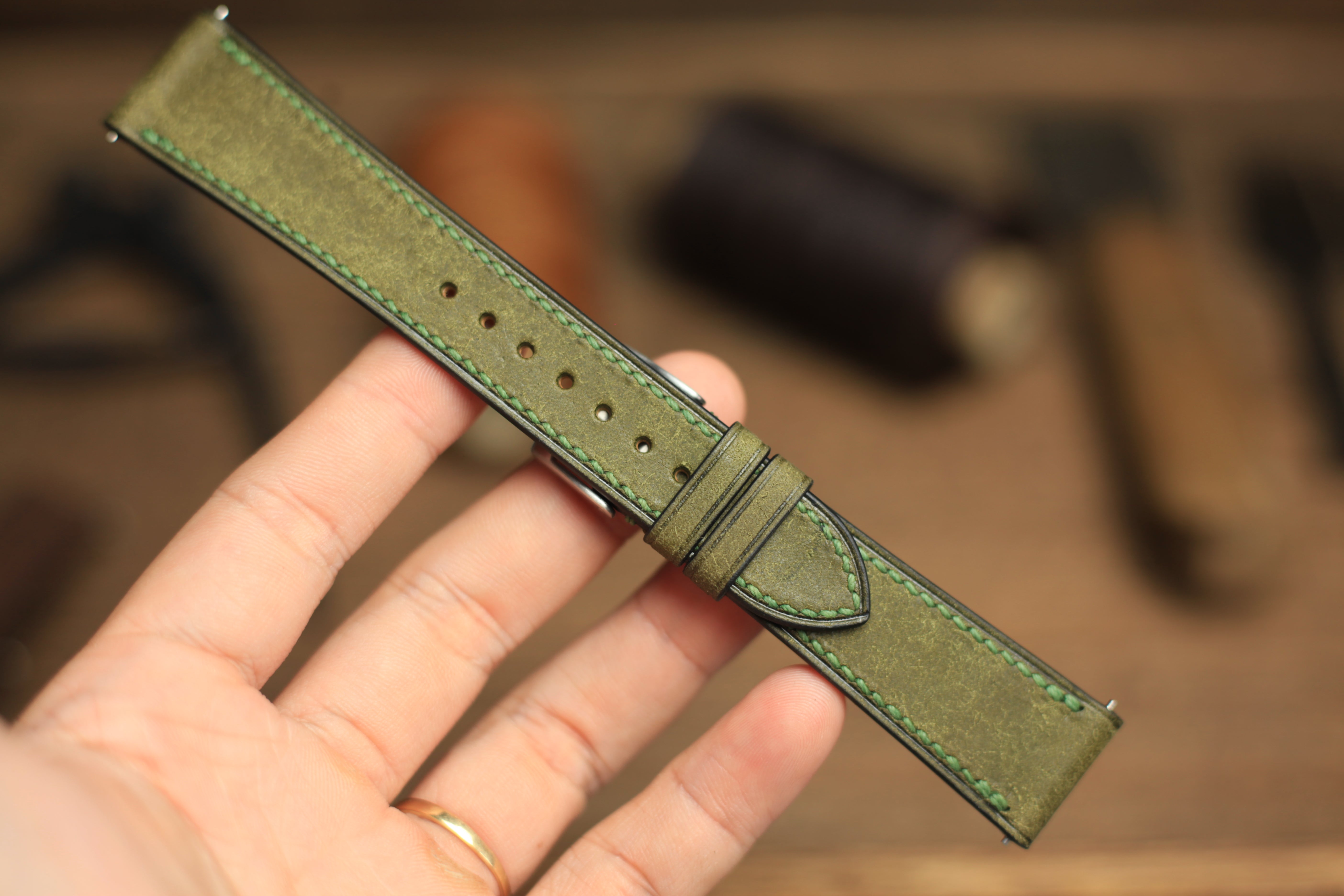 Pueblo Olive Green Leather Handmade Watch Strap, Quick Release