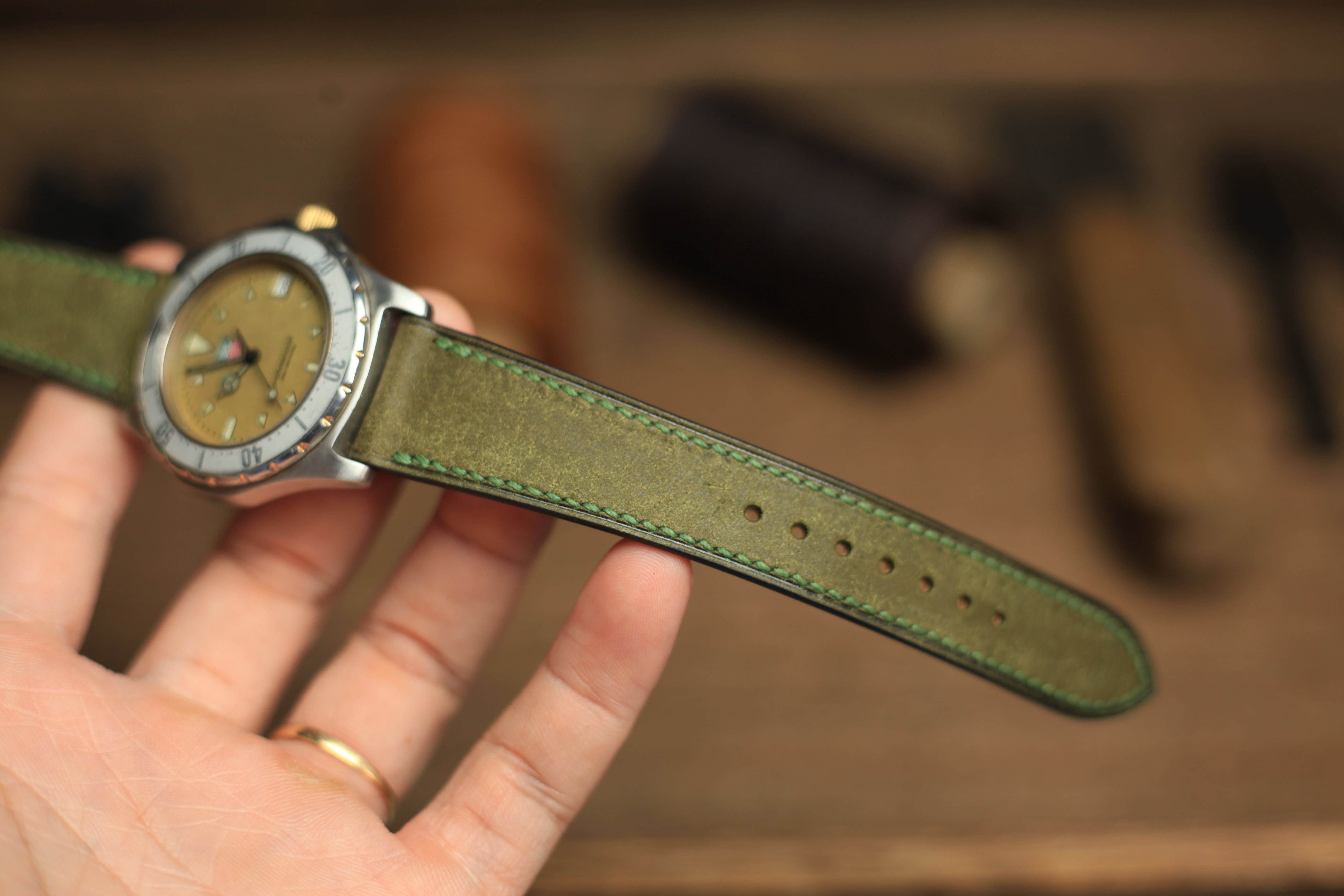 Pueblo Olive Green Leather Handmade Watch Strap, Quick Release
