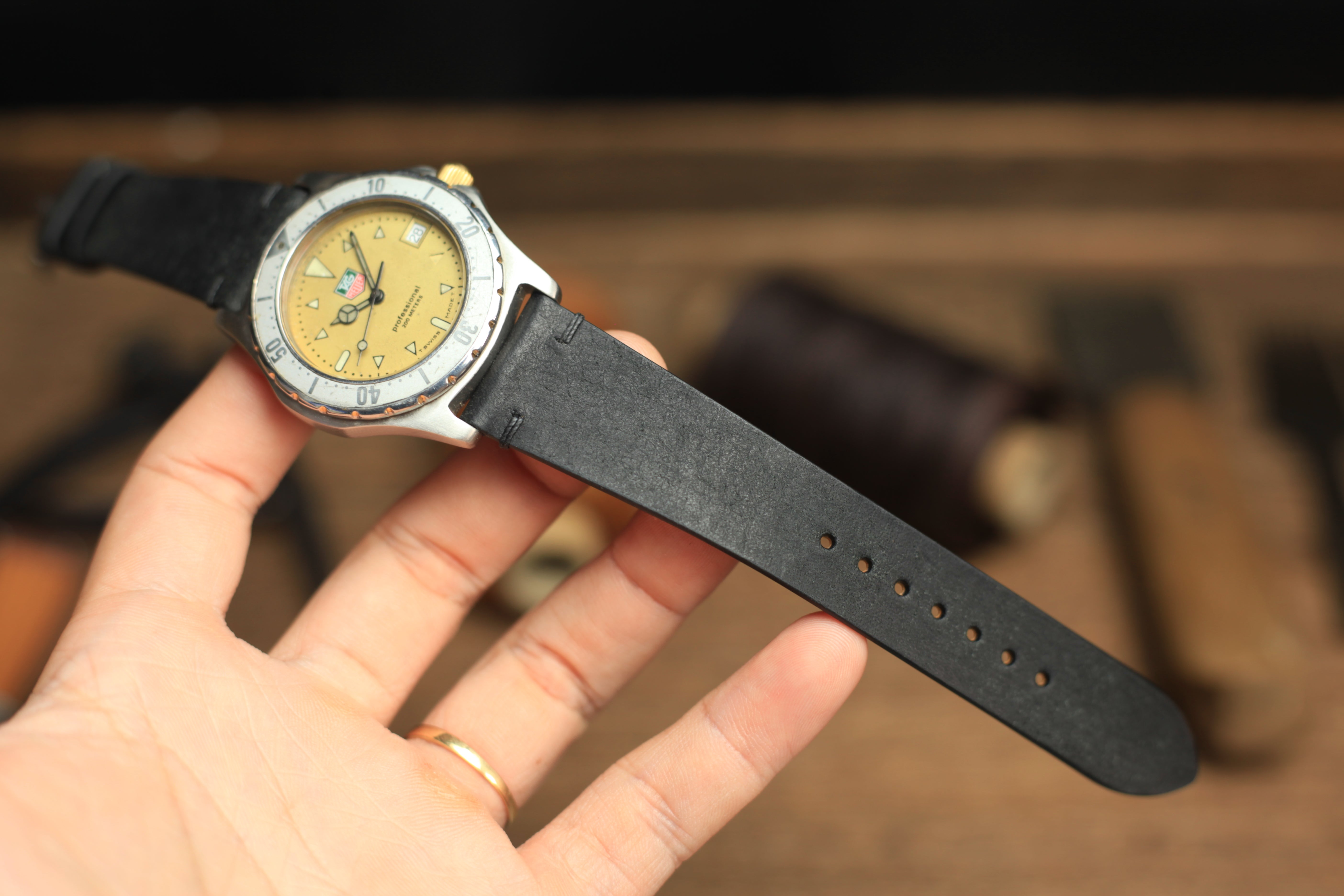 Point-Stitch Pueblo Black Leather Handmade Watch Strap, Quick Release
