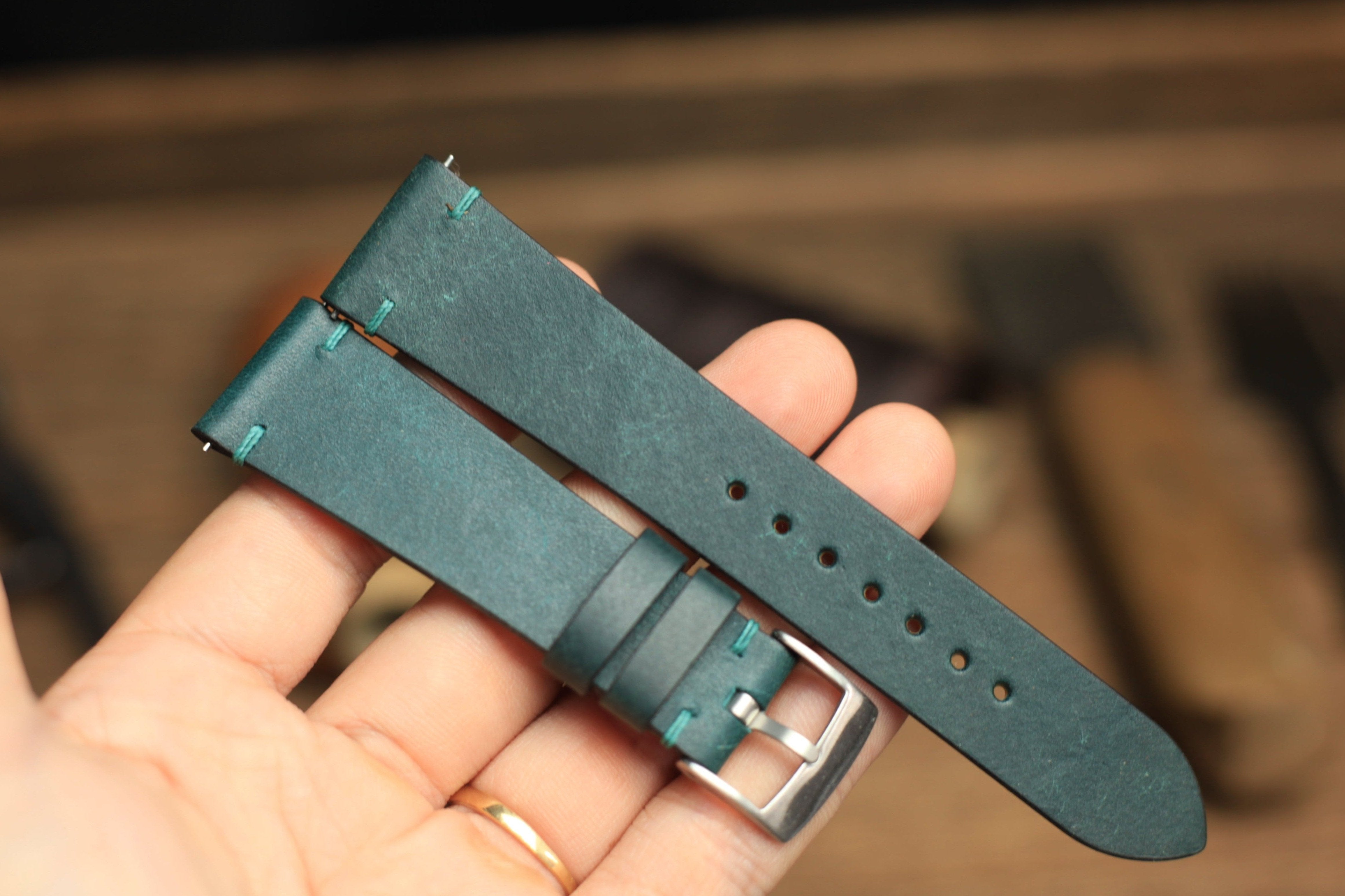 Point-Stitch Pueblo Deep Teal Green Leather Watch Strap