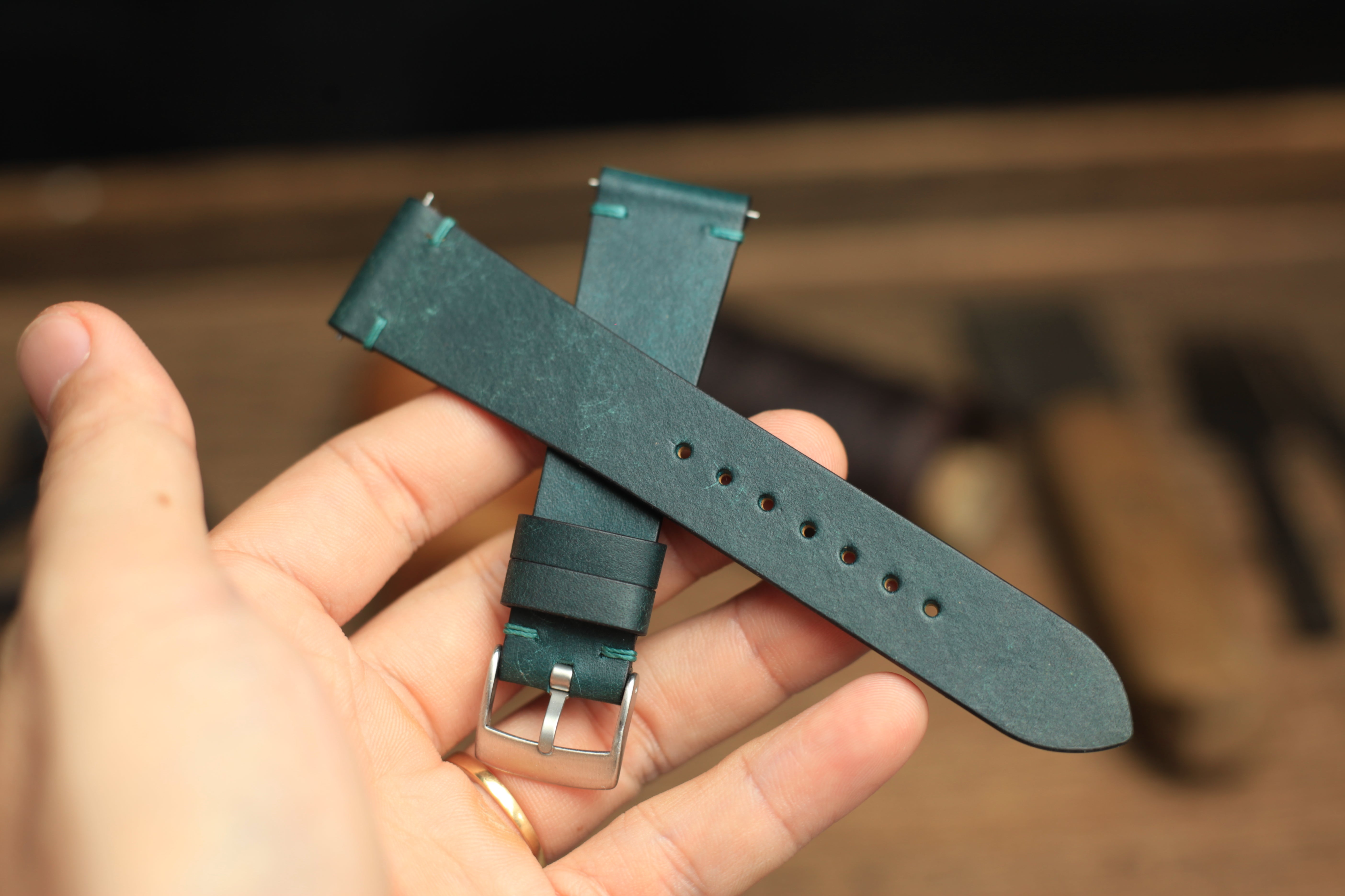 Point-Stitch Pueblo Deep Teal Green Leather Watch Strap