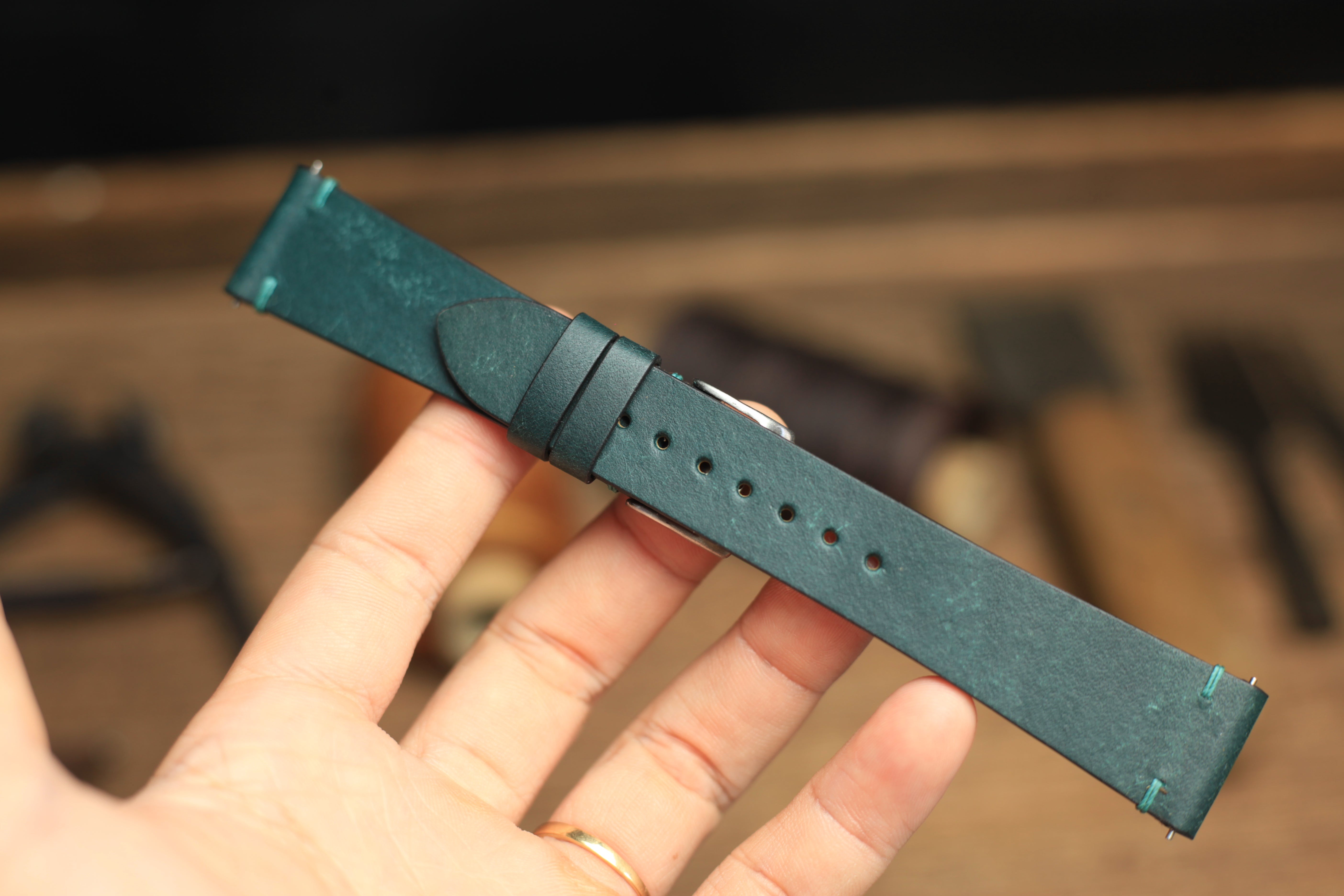 Point-Stitch Pueblo Deep Teal Green Leather Watch Strap