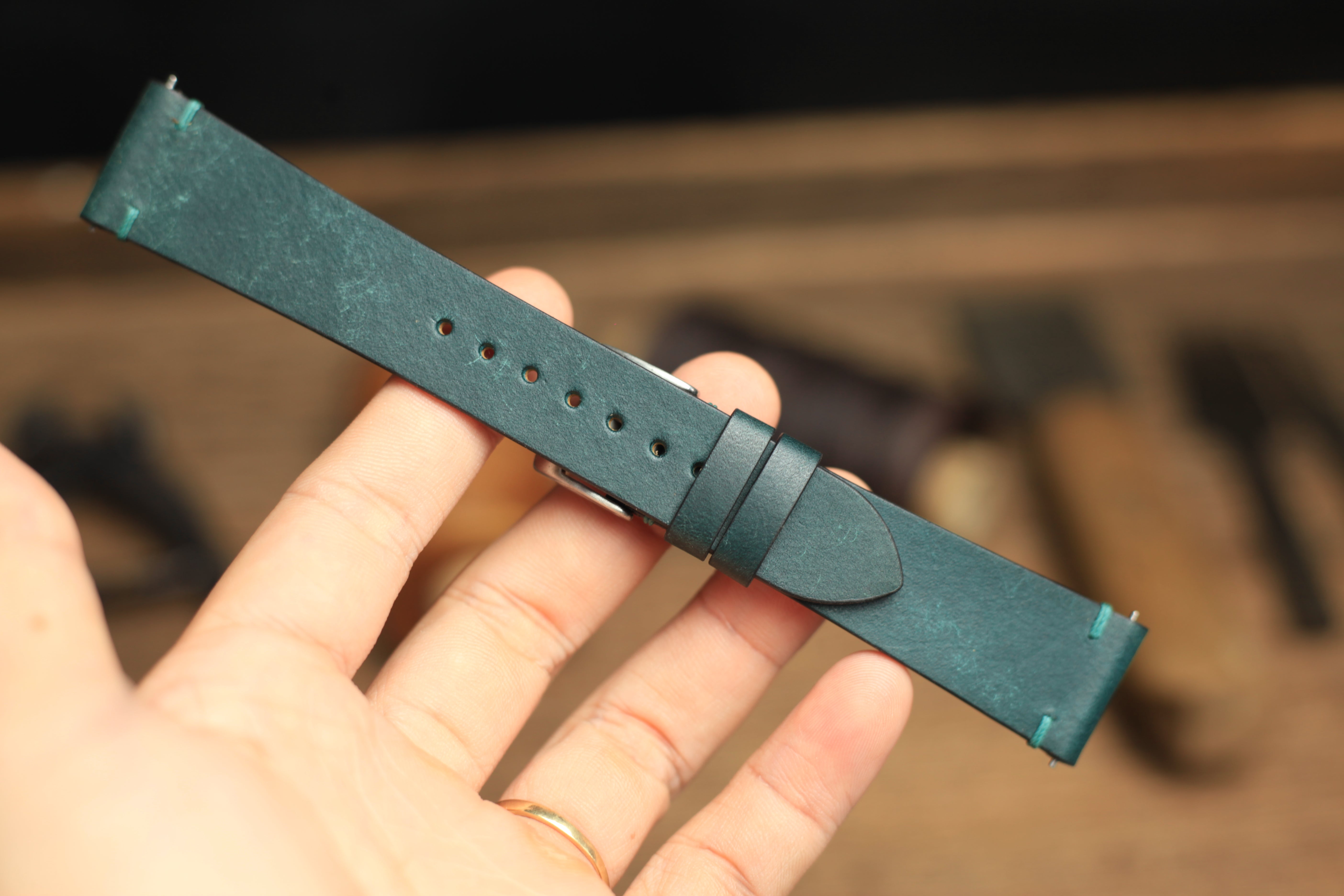 Point-Stitch Pueblo Deep Teal Green Leather Watch Strap