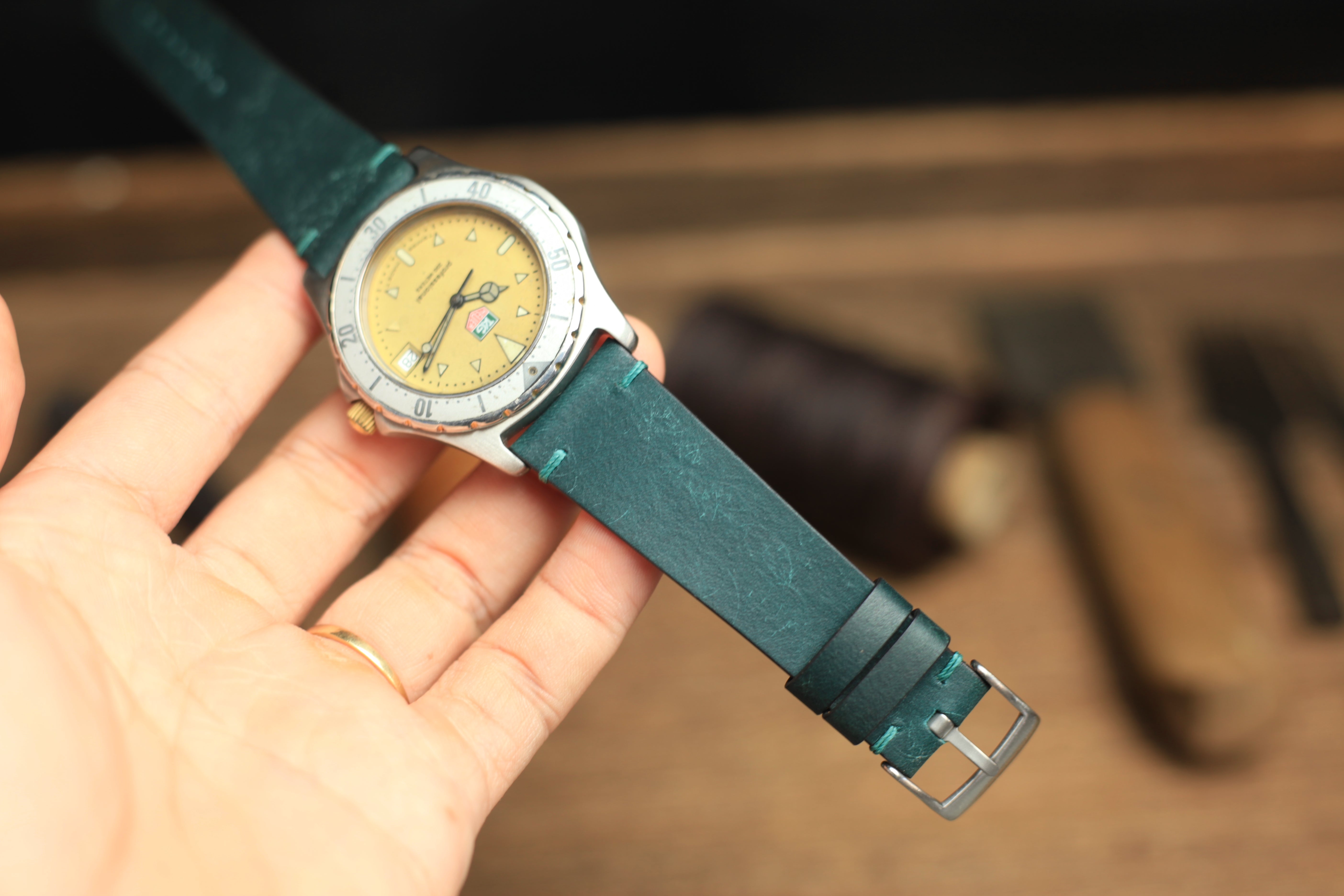 Point-Stitch Pueblo Deep Teal Green Leather Watch Strap